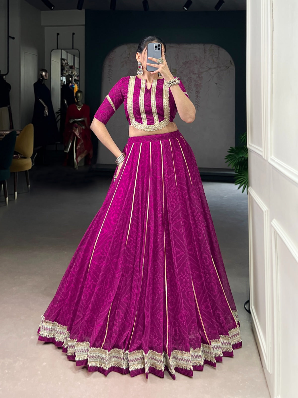 Lorenvalley Fashion Wine Chiffon Bandhej Print with Sequins and Gotta Patti Lace Touch Up Lehenga Choli - Swadesiicart
