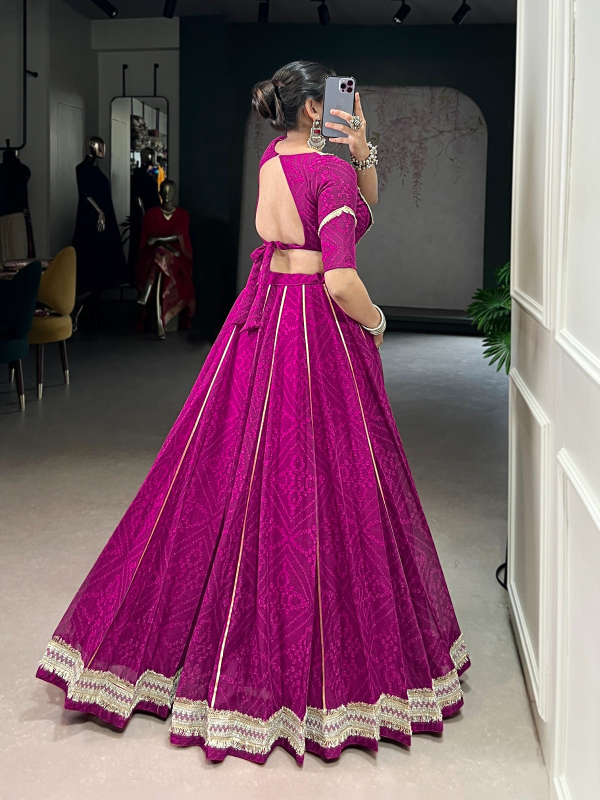 Lorenvalley Fashion Wine Chiffon Bandhej Print with Sequins and Gotta Patti Lace Touch Up Lehenga Choli - Swadesiicart