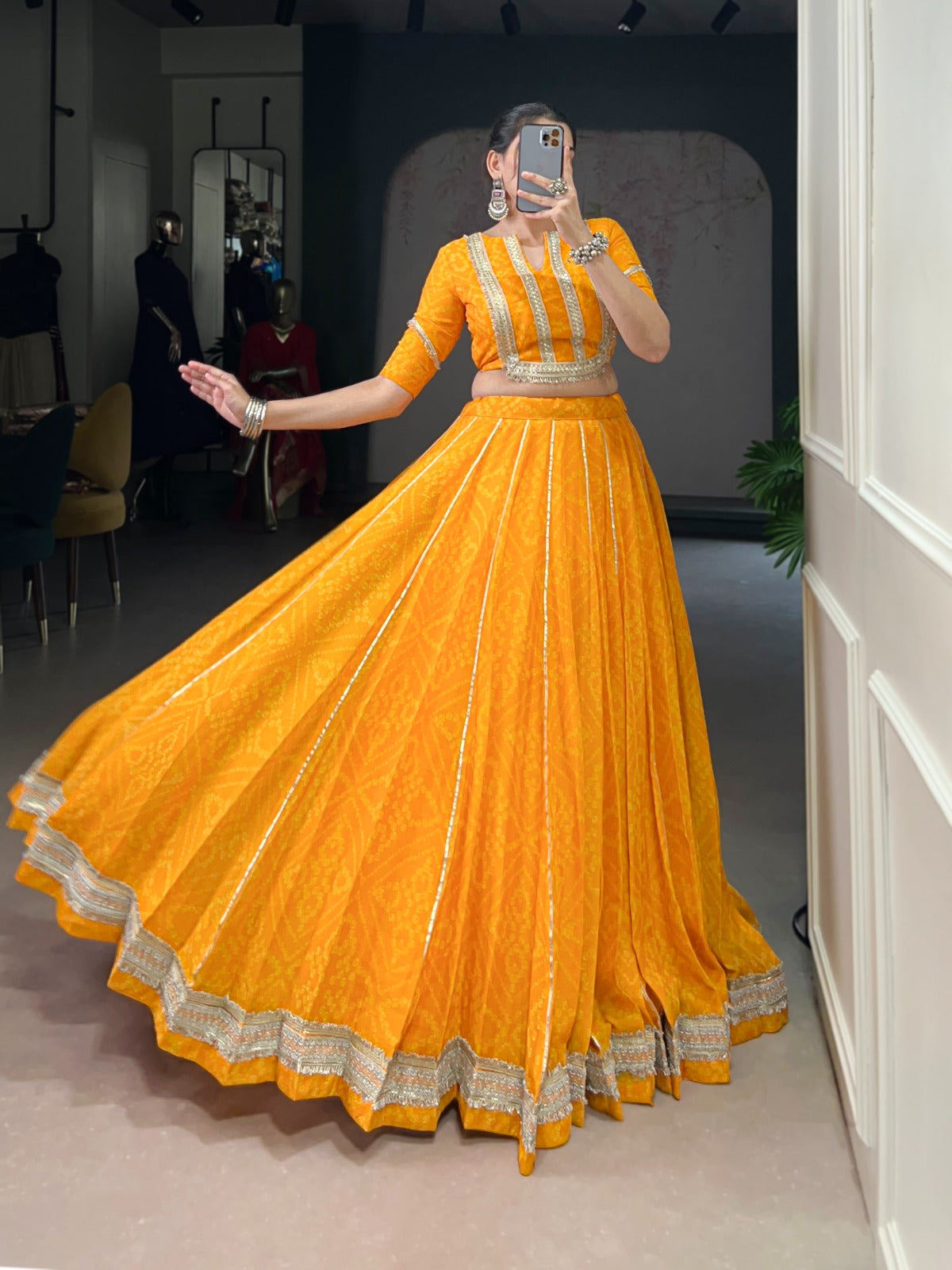 Lorenvalley Fashion Yellow Chiffon Bandhej Print with Sequins and Gotta Patti Lace Touch Up Lehenga Choli | Swadesiicart