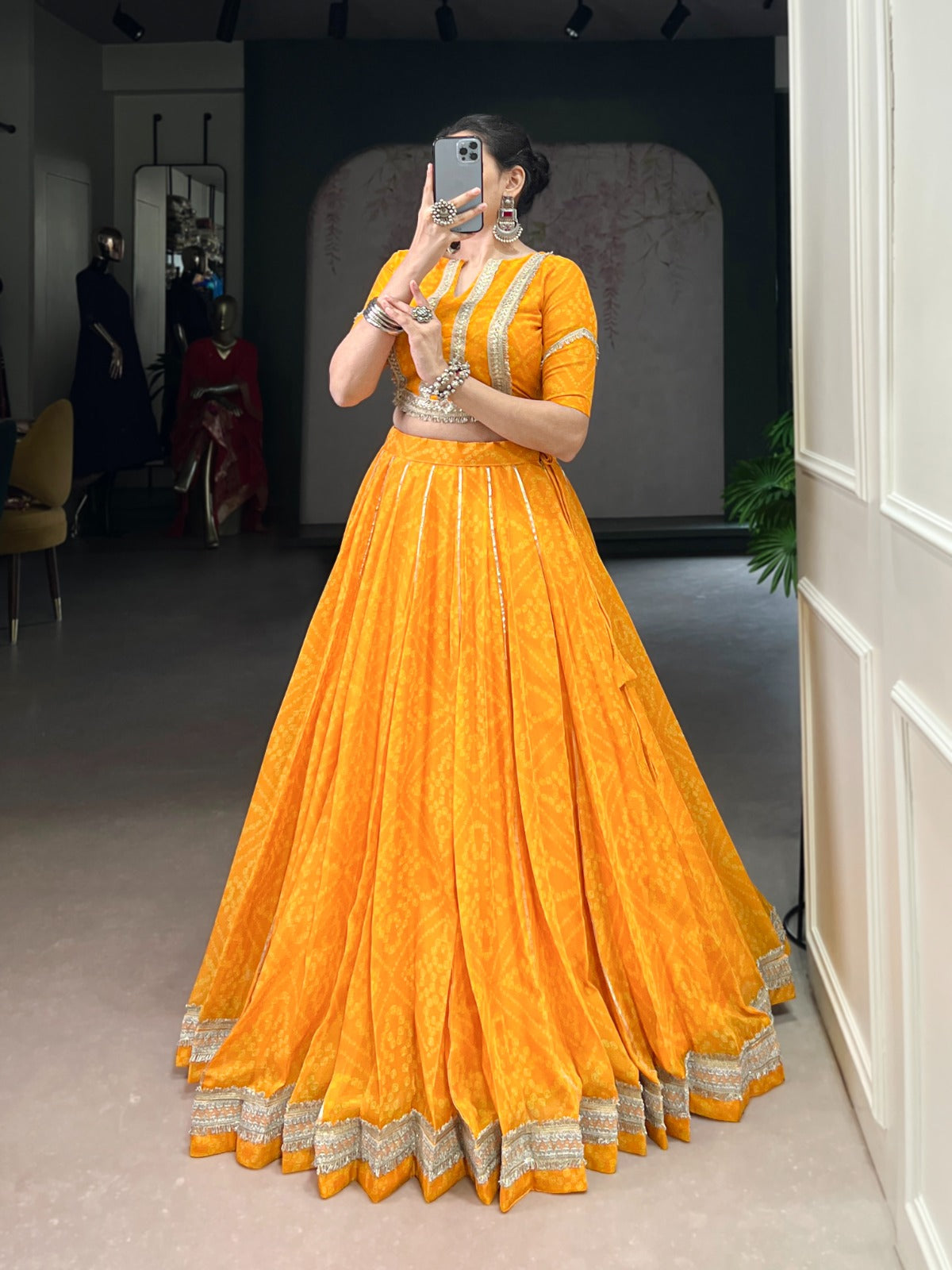 Lorenvalley Fashion Yellow Chiffon Bandhej Print with Sequins and Gotta Patti Lace Touch Up Lehenga Choli | Swadesiicart