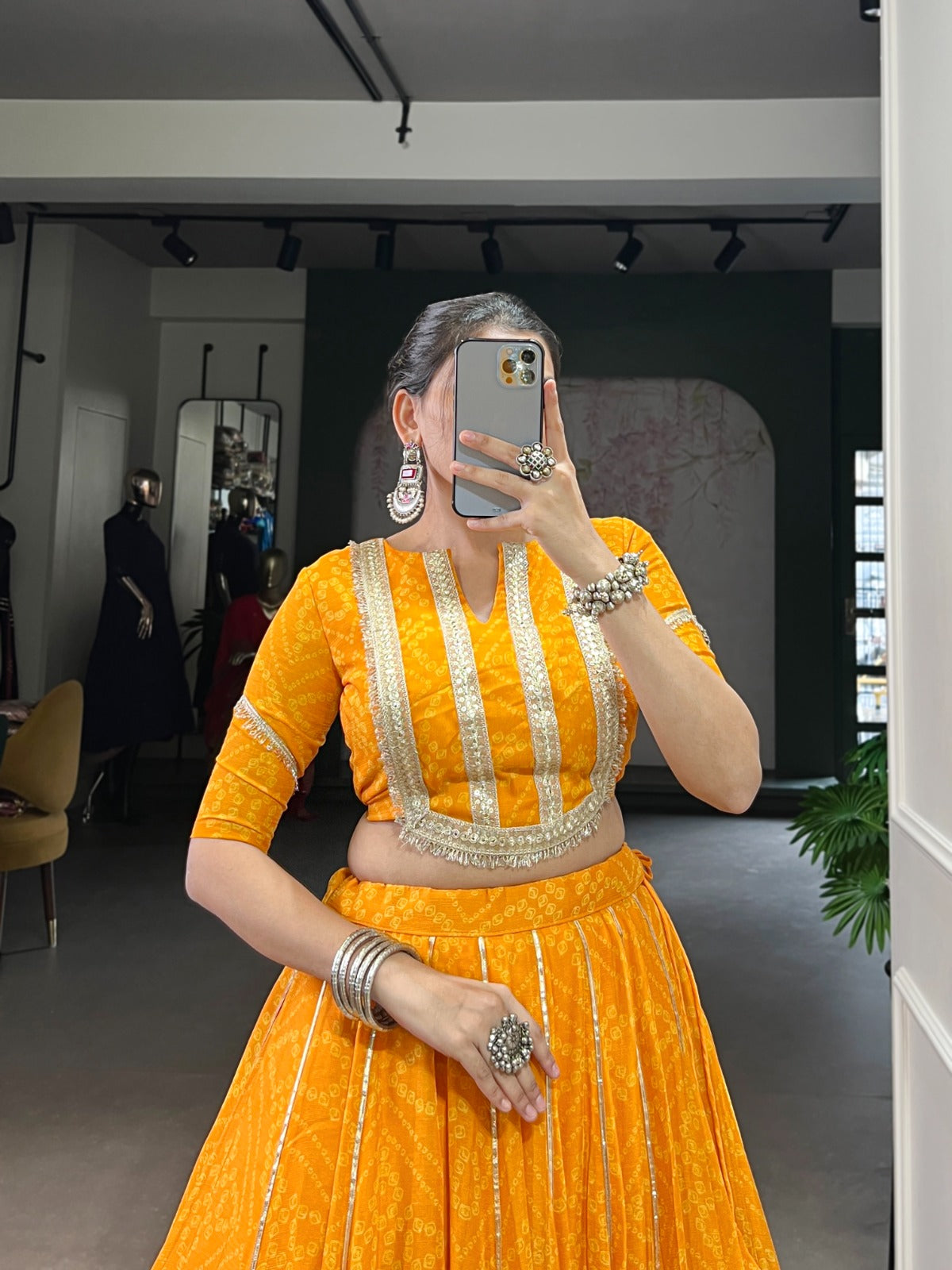 Lorenvalley Fashion Yellow Chiffon Bandhej Print with Sequins and Gotta Patti Lace Touch Up Lehenga Choli | Swadesiicart