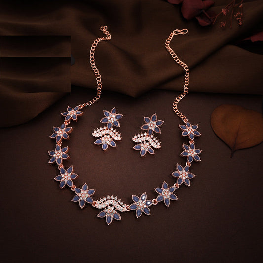 Tehzeeb Creations Blue Colour Star Design Stone Studded Necklace With Earrings - Swadesiicart