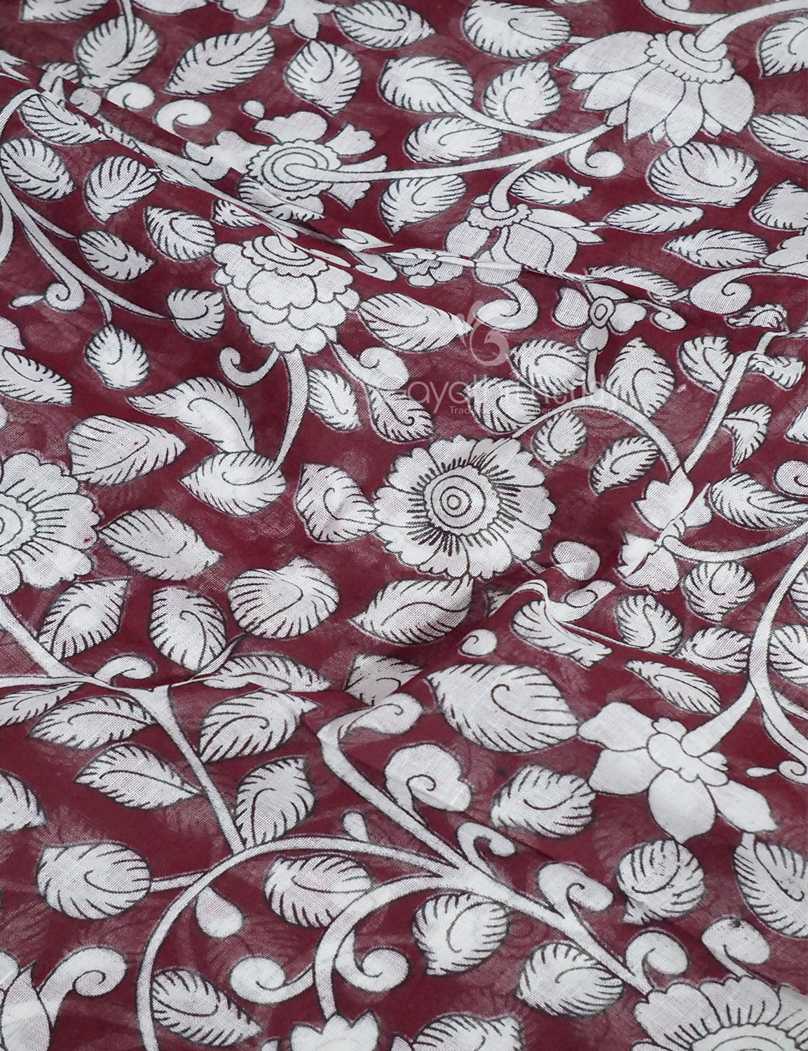 Gleaming Dark Maroon Kalamkari Cotton Linen Printed Saree By Gayathri Reddy Designer Studio | Swadesiicart