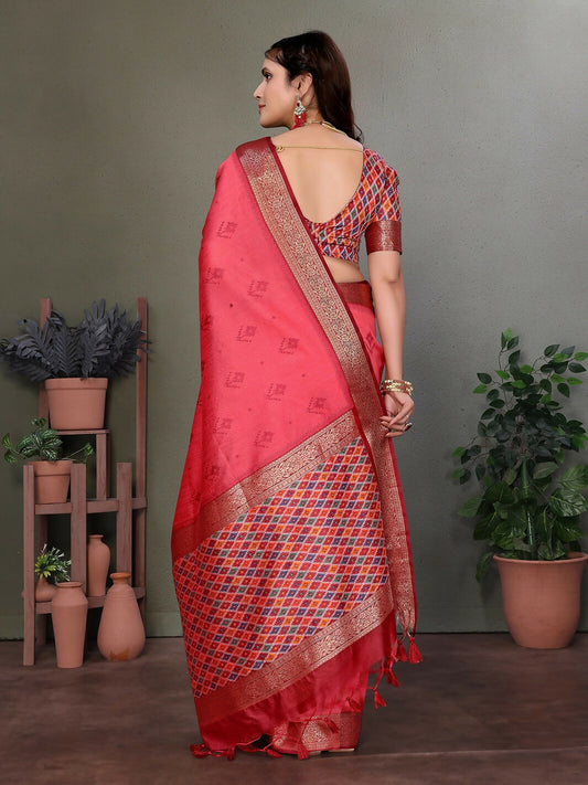 Joban Fashion Carrot Red Woven Design Banarasi Silk Sarees | Swadesiicart