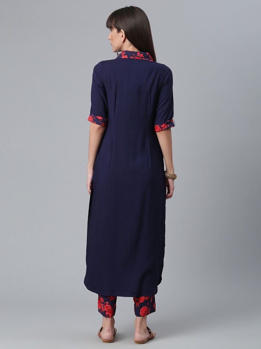 Ahalyaa Navy Blue Solid Rayon Kurta Pant Set | Swadesiicart