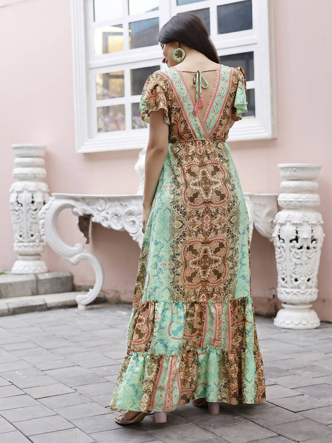 Sea Green Rayon Foil Printed Long Dress - Michan | Swadesiicart