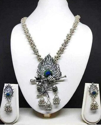Tehzeeb Creations Women's Silver Colour Oxidised Necklace And Earring Bansuri Design - Swadesiicart