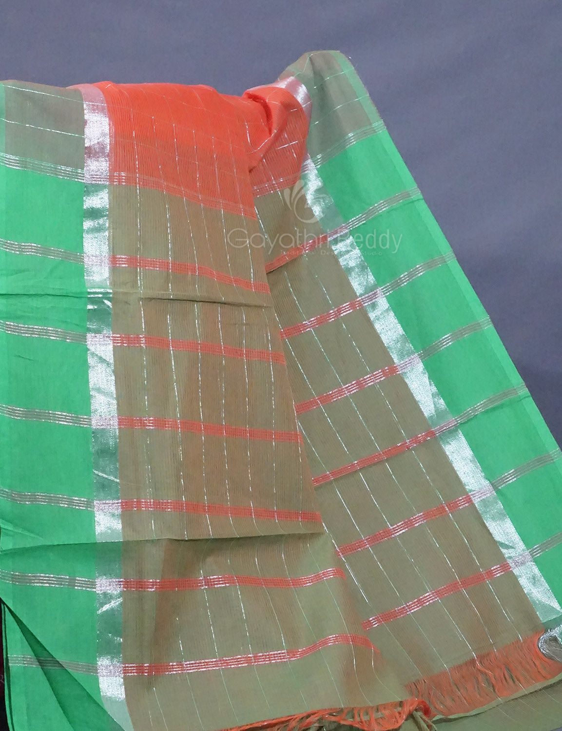 Dual Shade of Tomato Peach And Aqua Green Pure Mangalgiri Cotton By Gayathri Reddy Designer Studio | Swadesiicart