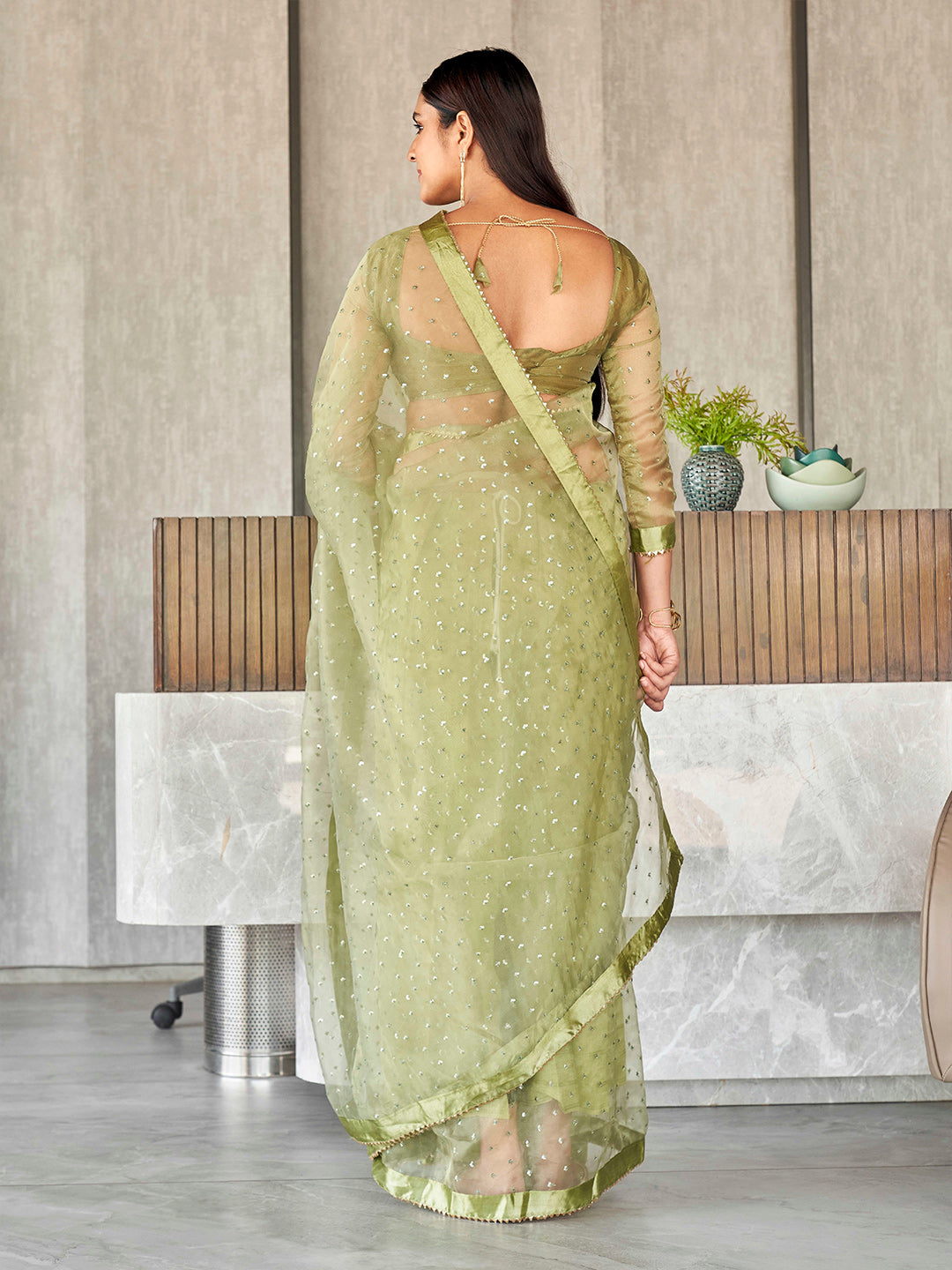 Tikhi Imli Sequinned Organza Saree | Swadesiicart