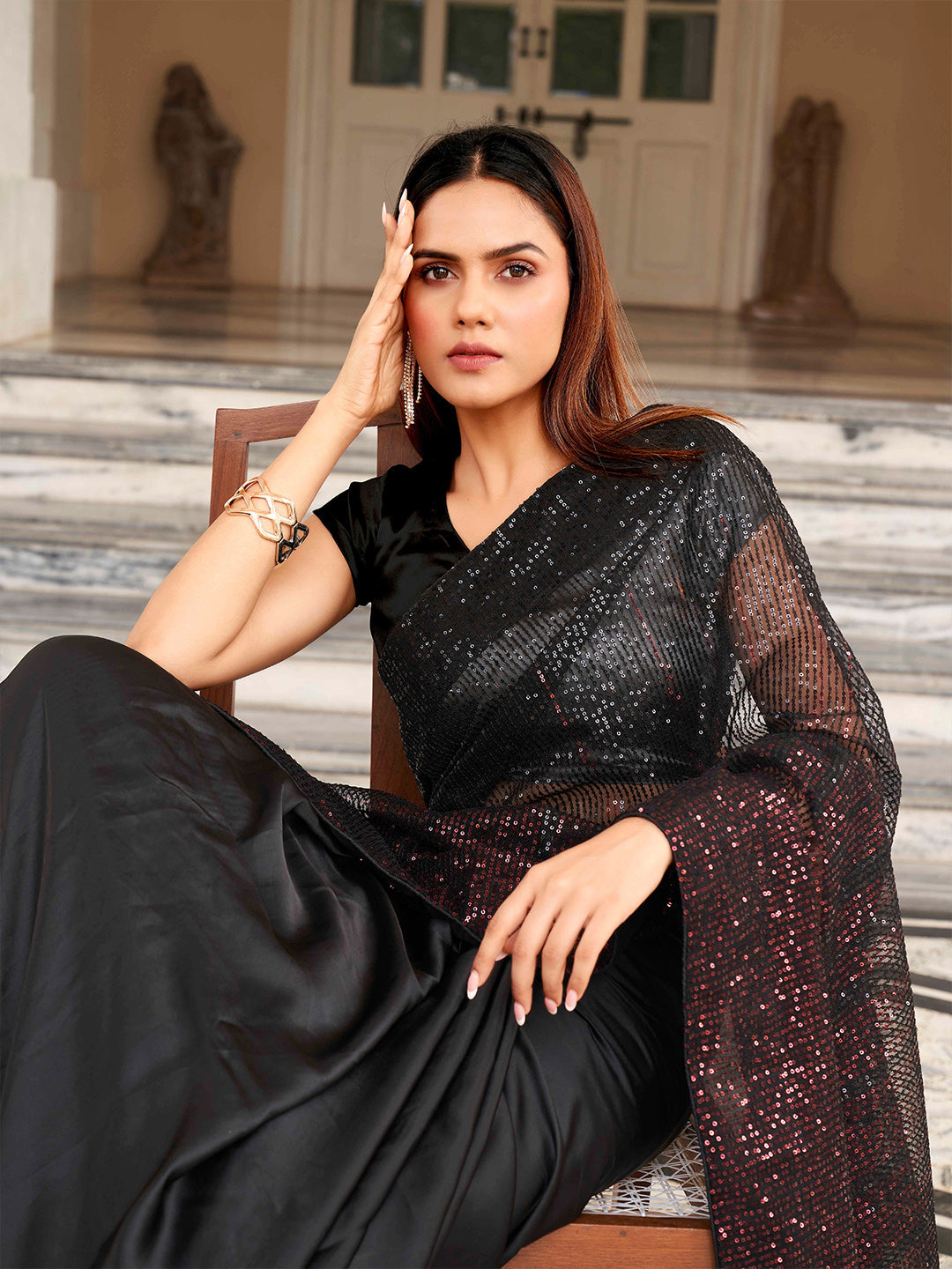 Tikhi Imli Sequinned Satin Heavy Work Saree | Swadesiicart