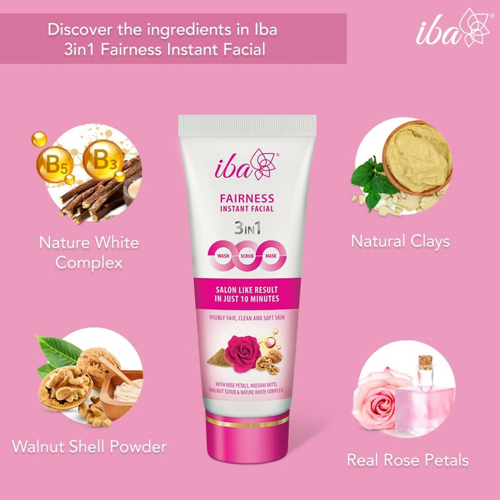 Iba Fairness Instant Facial (3 in1 Mask Scrub Wash) - Swadesiicart