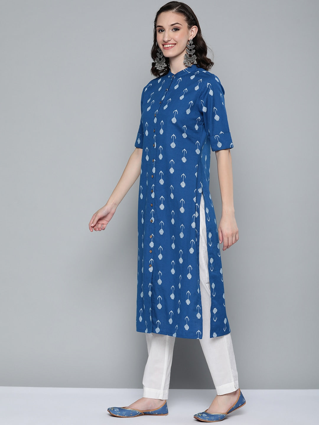 HERE&NOW Women Blue & White Ethnic Motifs Printed Kurta - Swadesiicart