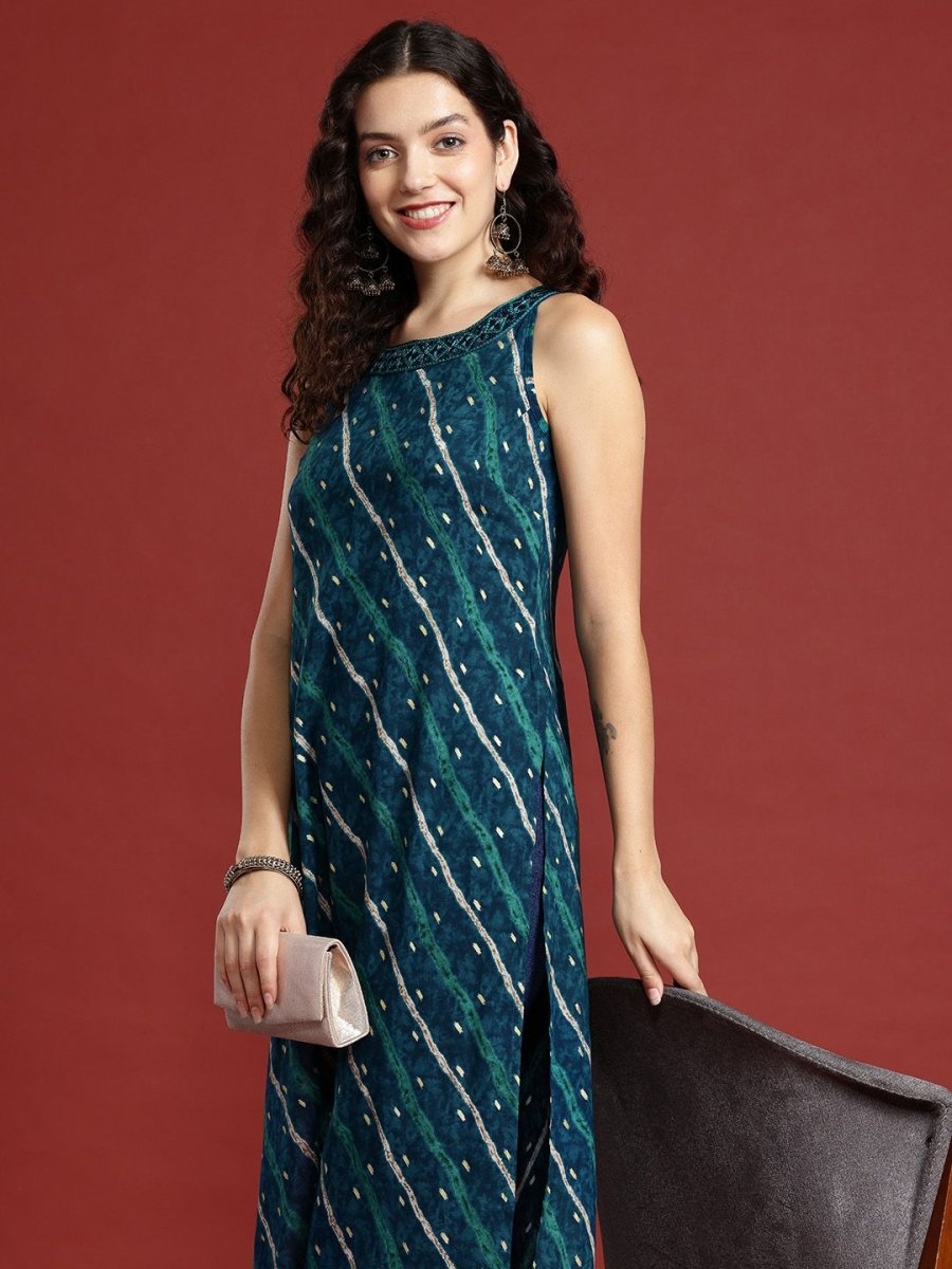 Anouk Leheriya Printed Halter Neck Thread Work Kurta - Swadesiicart