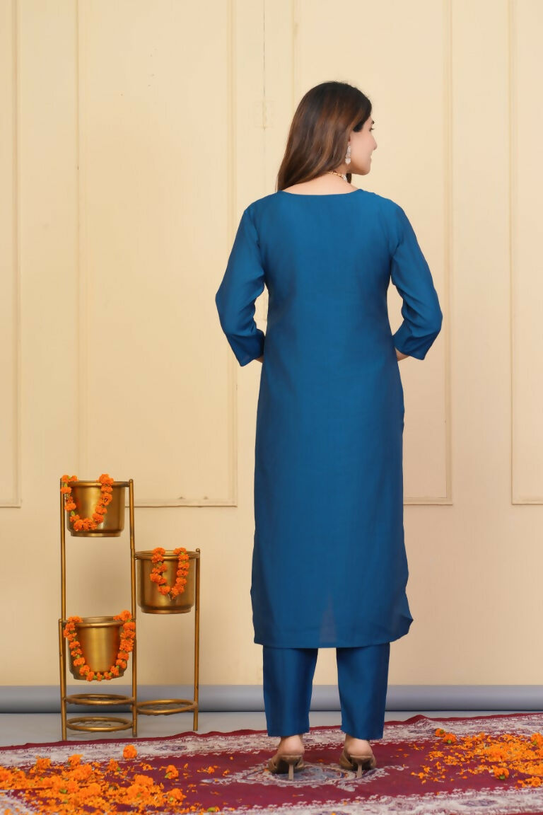 Rama Viscose Chanderi Embroidered Stitched Suit With Dupatta - Tanisha | Swadesiicart