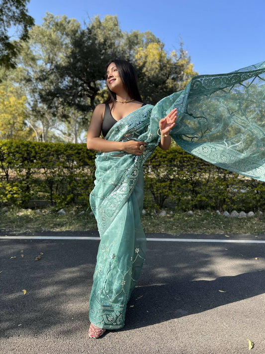 Vamsee Naina Green Organza Saree - Swadesiicart