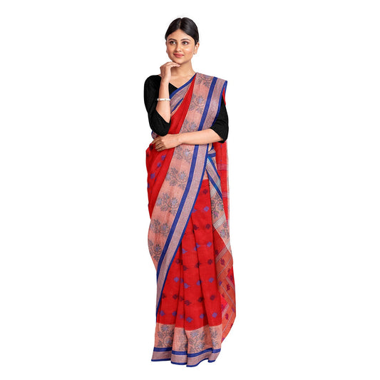 Exclusive Collection 100% Pure Cotton Red Tant Saree With Hand Weaving Work - Swadesiicart