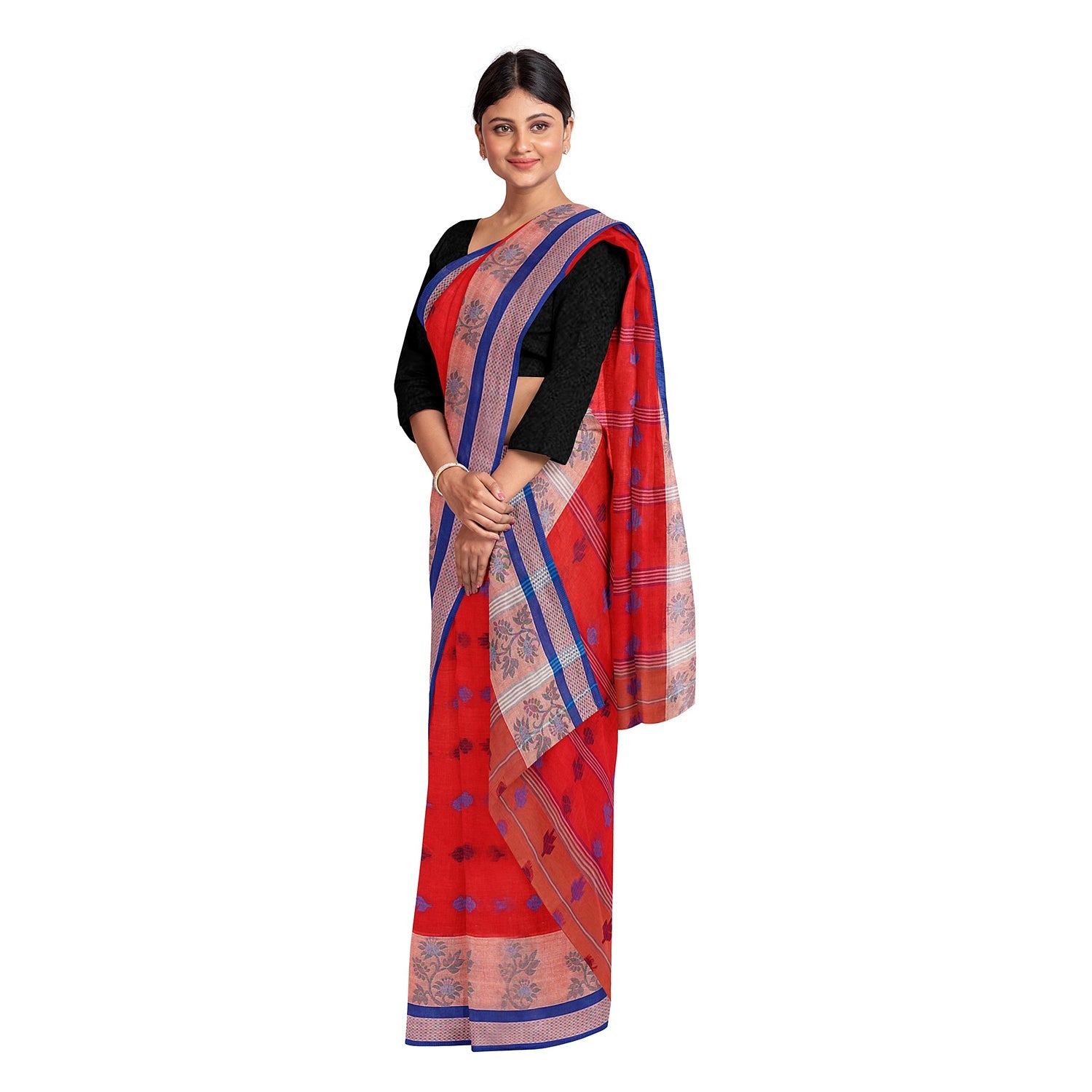 Exclusive Collection 100% Pure Cotton Red Tant Saree With Hand Weaving Work - Swadesiicart