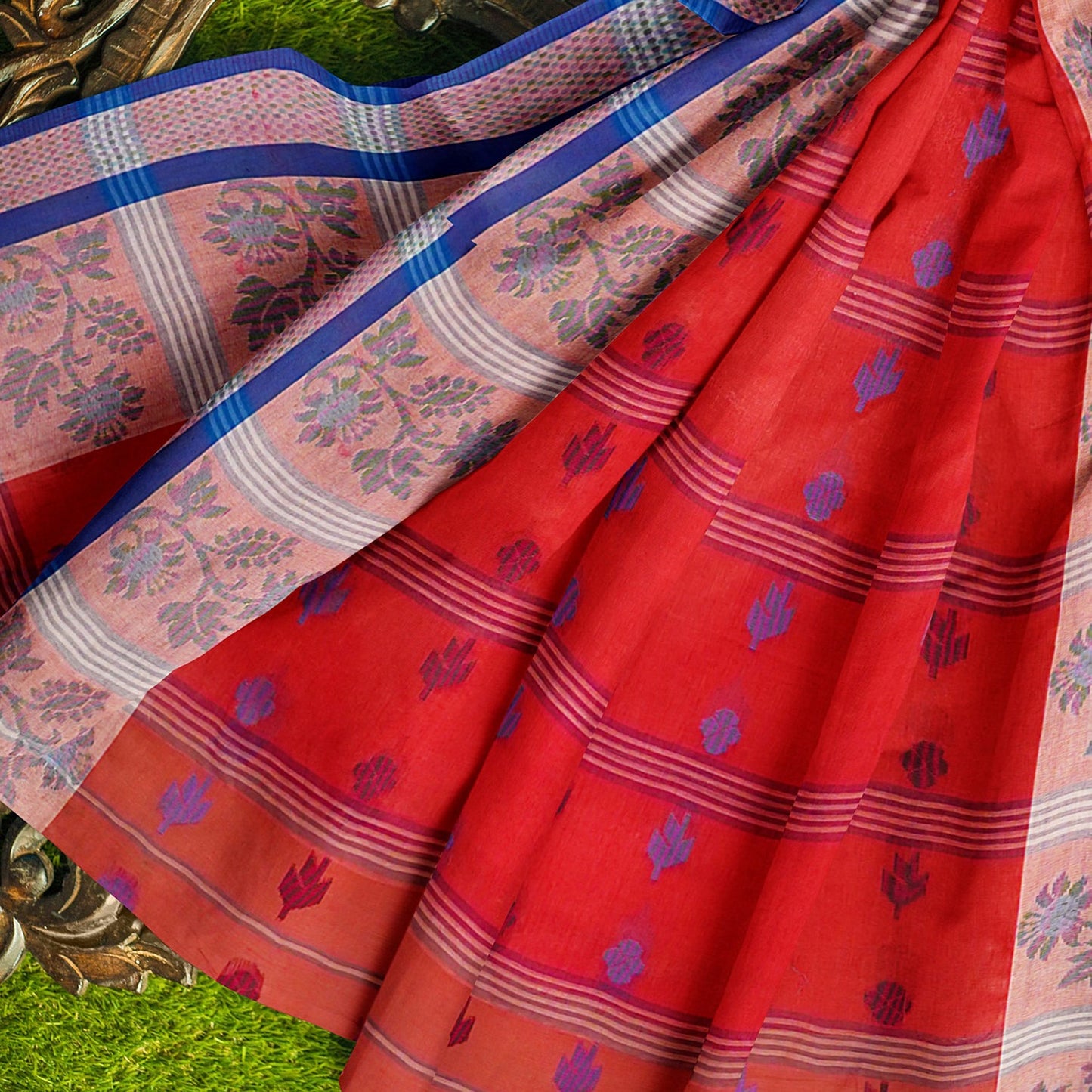 Exclusive Collection 100% Pure Cotton Red Tant Saree With Hand Weaving Work - Swadesiicart