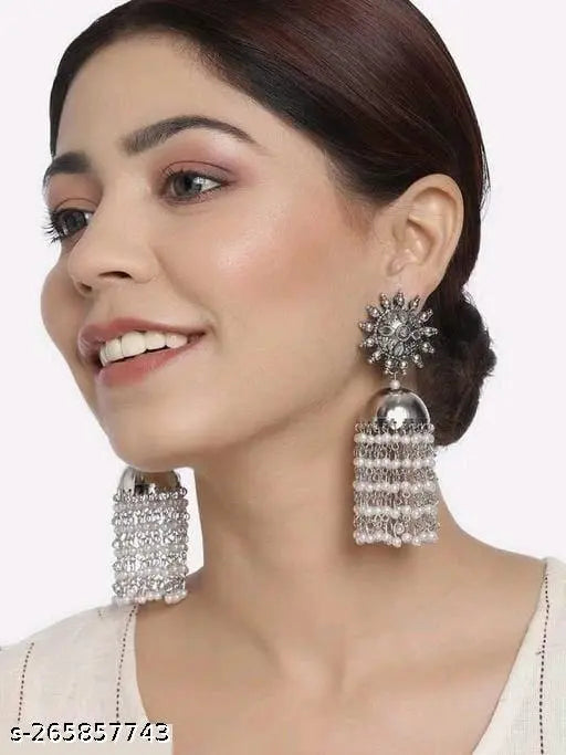 Tehzeeb Creations Women's Silver Colour Oxidised Earrings With White Pearl | Swadesiicart