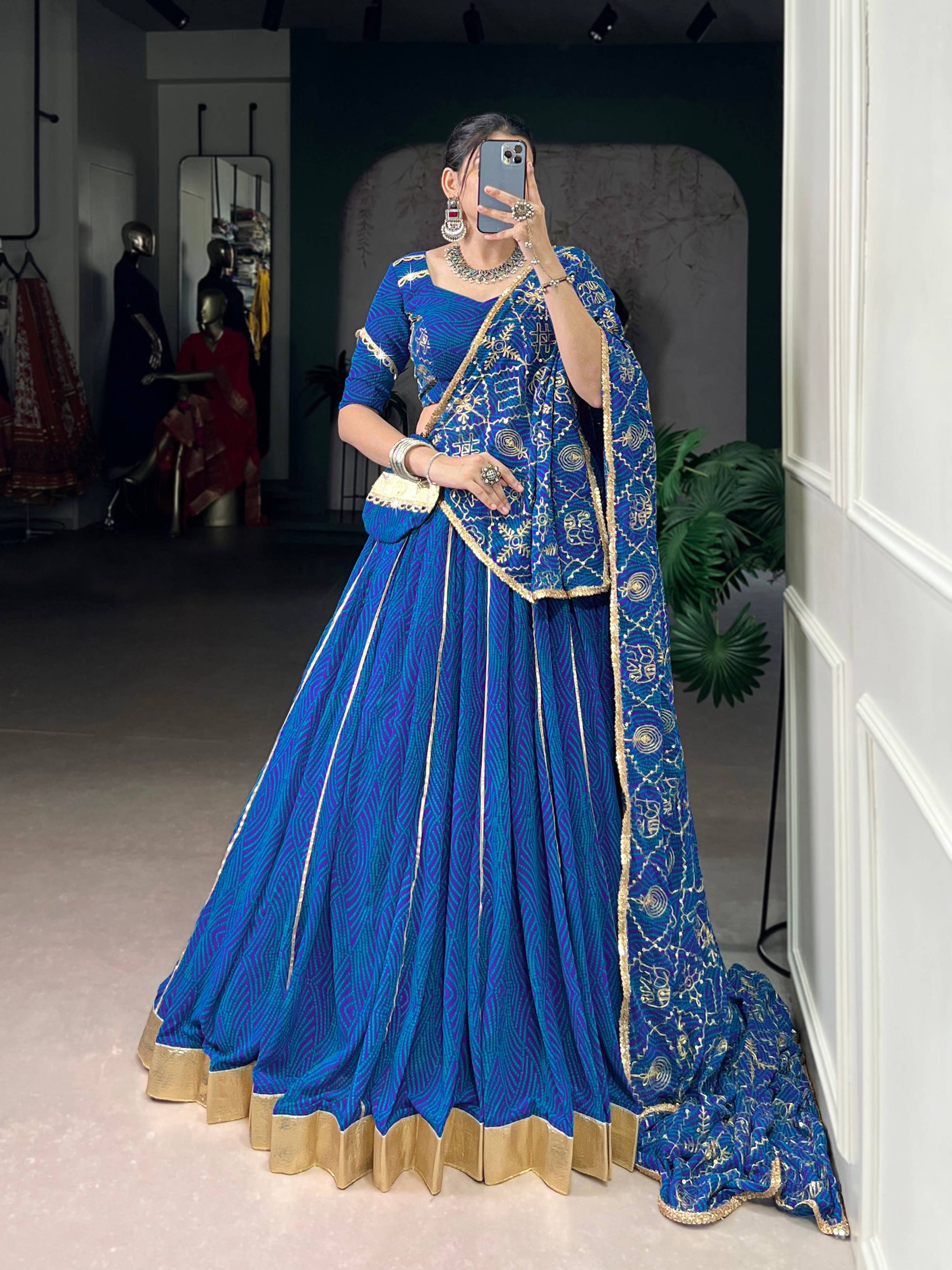 Lorenvalley Fashion Blue Georgette Bandhej Print and Embossed Design Lace with Gota Patti Touch Up Lehenga Choli with Dupatta | Swadesiicart