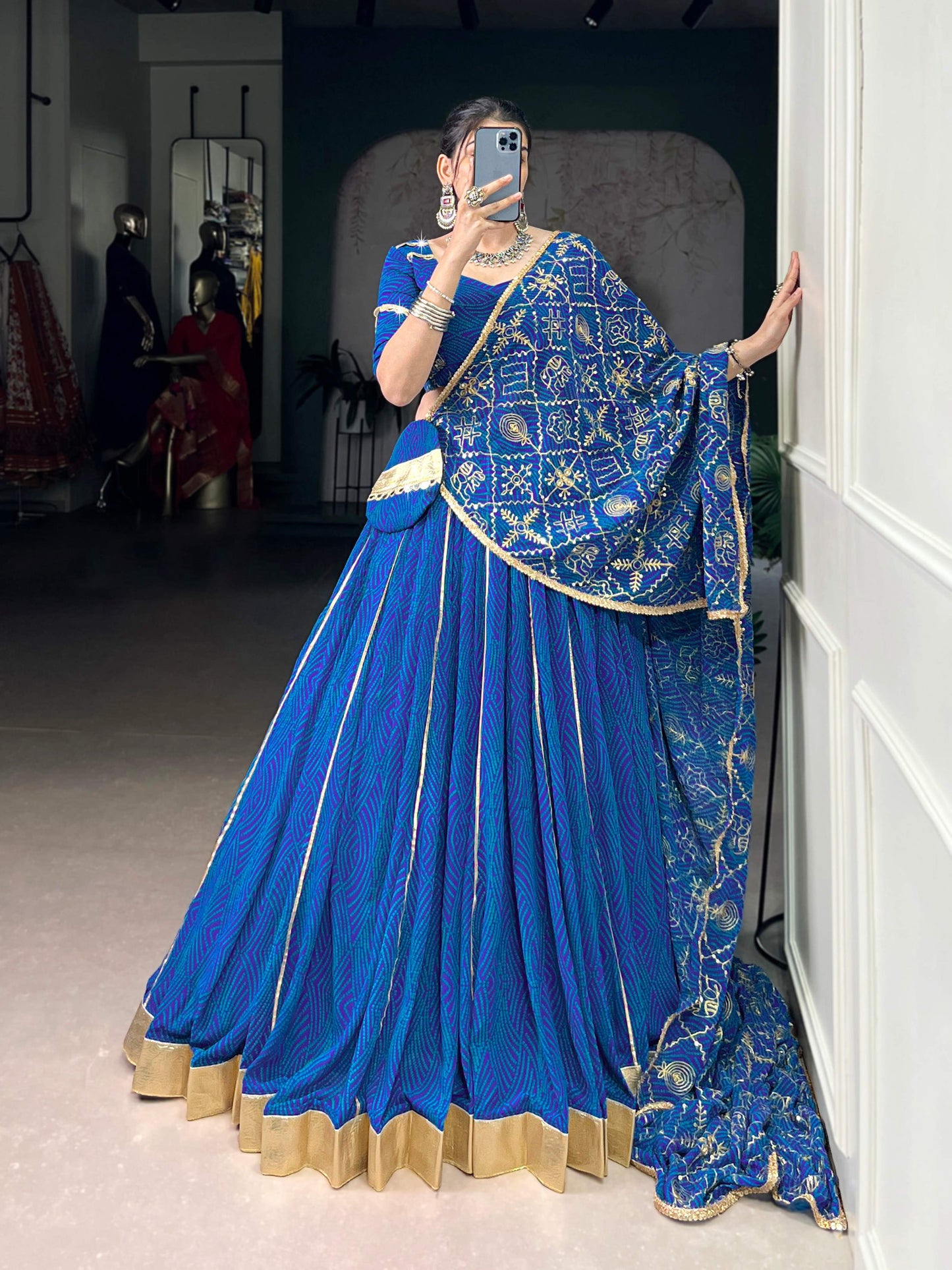 Lorenvalley Fashion Blue Georgette Bandhej Print and Embossed Design Lace with Gota Patti Touch Up Lehenga Choli with Dupatta | Swadesiicart