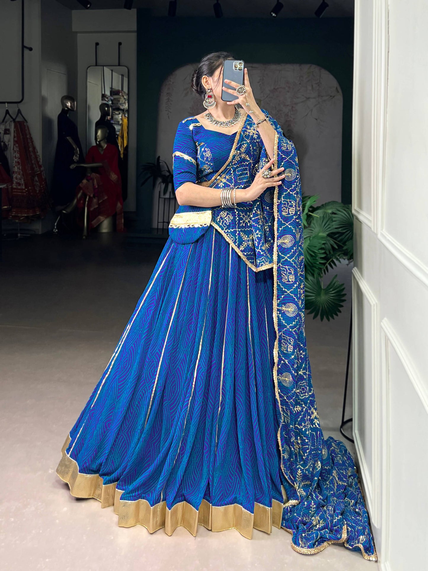 Lorenvalley Fashion Blue Georgette Bandhej Print and Embossed Design Lace with Gota Patti Touch Up Lehenga Choli with Dupatta | Swadesiicart