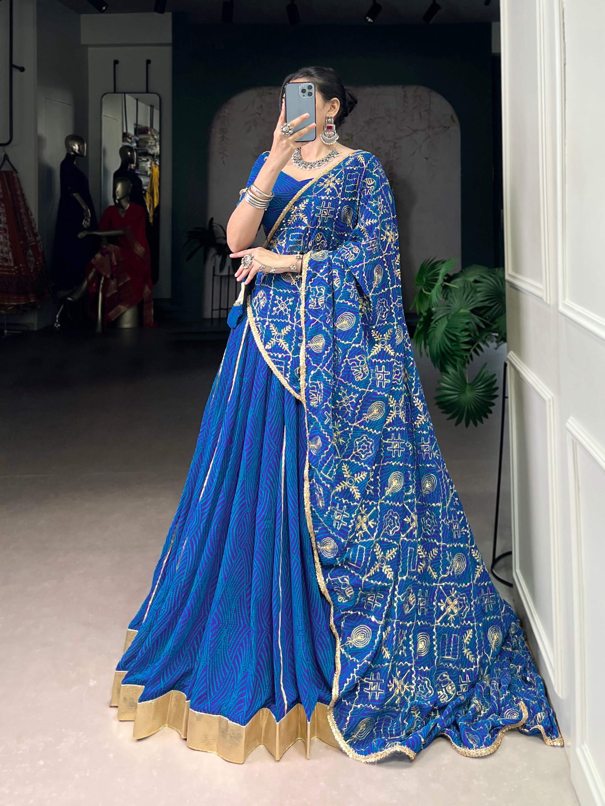 Lorenvalley Fashion Blue Georgette Bandhej Print and Embossed Design Lace with Gota Patti Touch Up Lehenga Choli with Dupatta | Swadesiicart