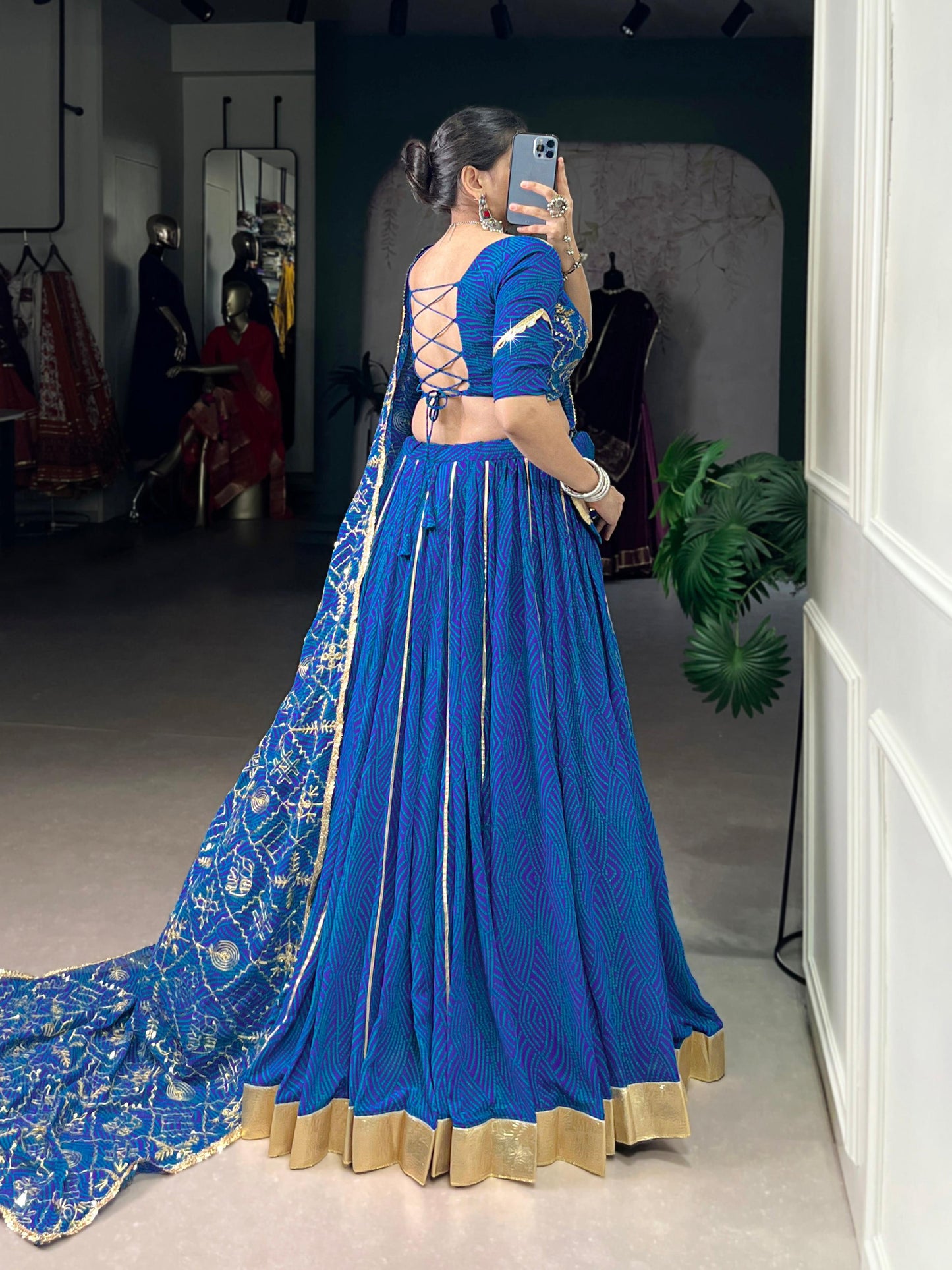 Lorenvalley Fashion Blue Georgette Bandhej Print and Embossed Design Lace with Gota Patti Touch Up Lehenga Choli with Dupatta | Swadesiicart