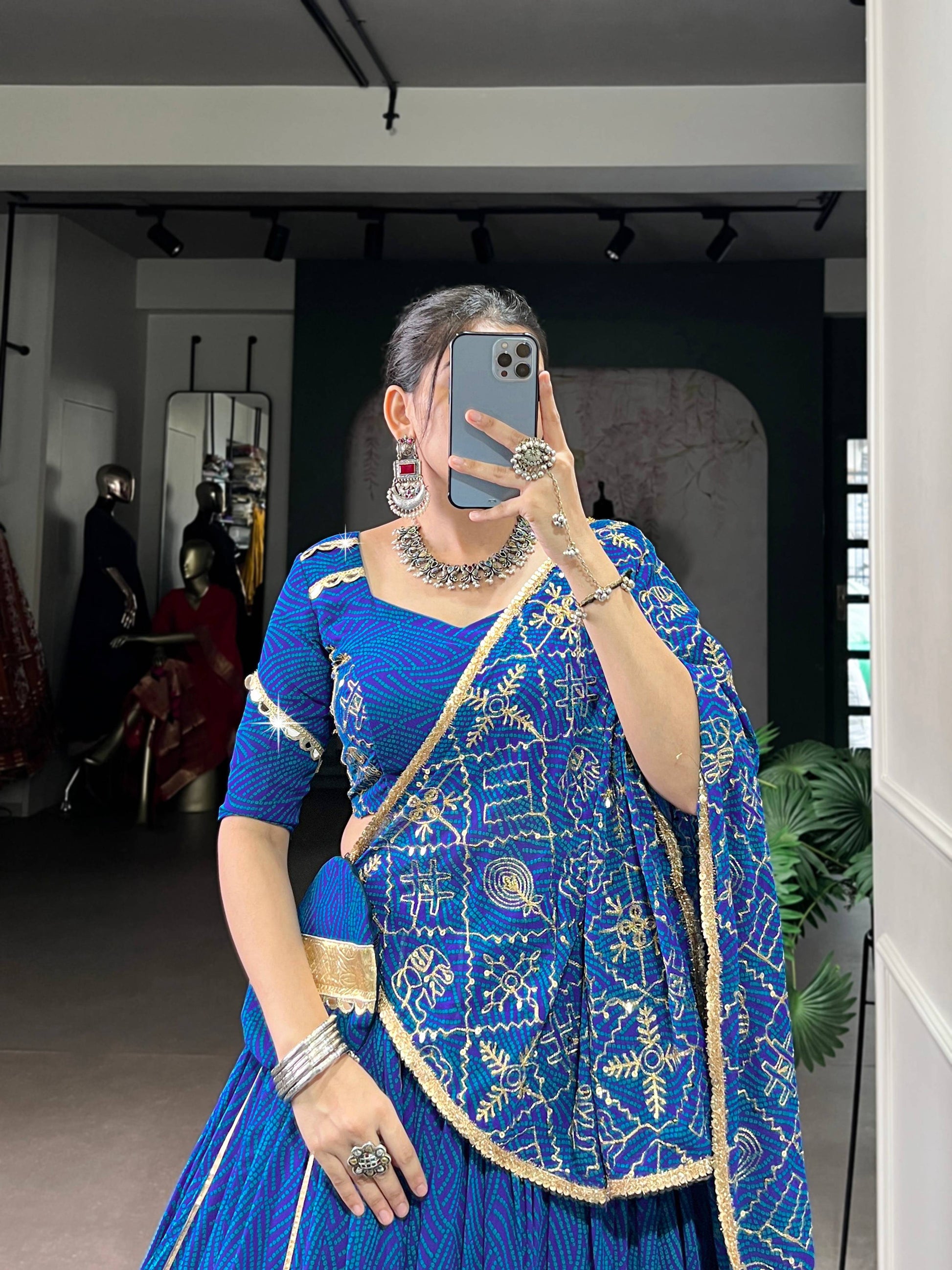 Lorenvalley Fashion Blue Georgette Bandhej Print and Embossed Design Lace with Gota Patti Touch Up Lehenga Choli with Dupatta | Swadesiicart