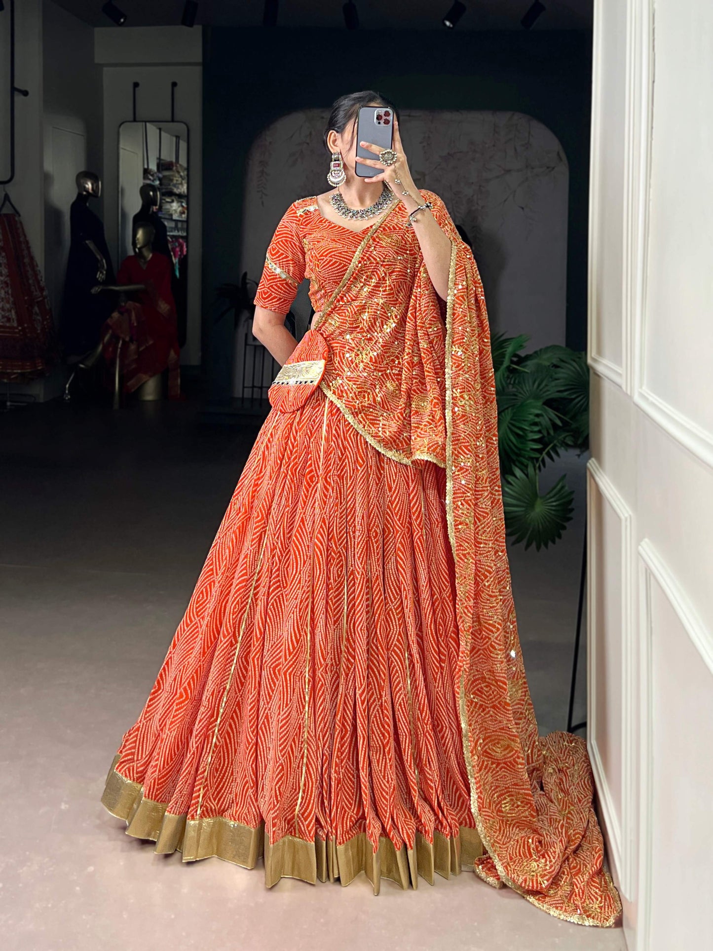 Lorenvalley Fashion Orange Georgette Bandhej Print and Embossed Design Lace with Gota Patti Touch Up Lehenga Choli with Dupatta - Swadesiicart