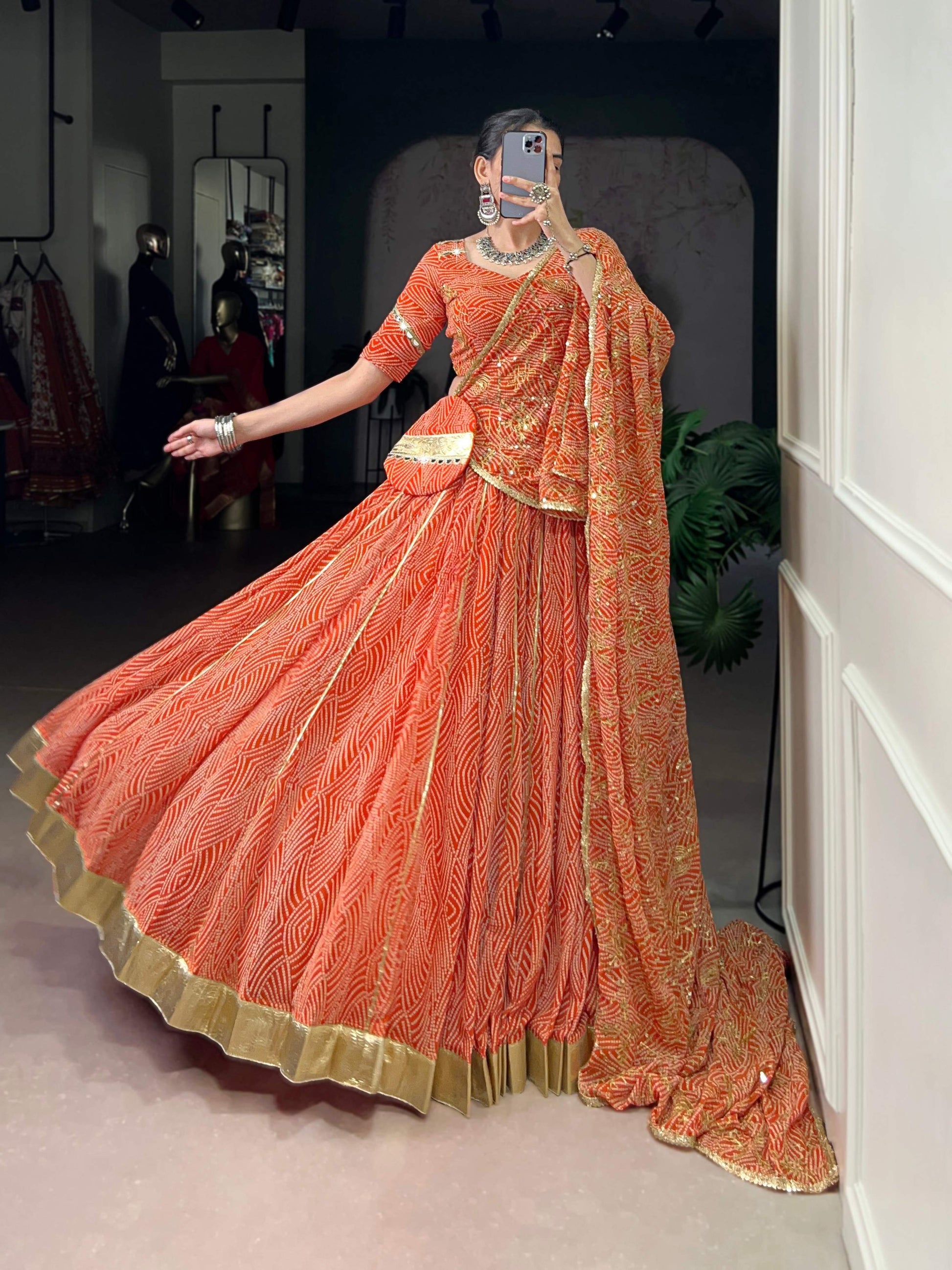 Lorenvalley Fashion Orange Georgette Bandhej Print and Embossed Design Lace with Gota Patti Touch Up Lehenga Choli with Dupatta - Swadesiicart