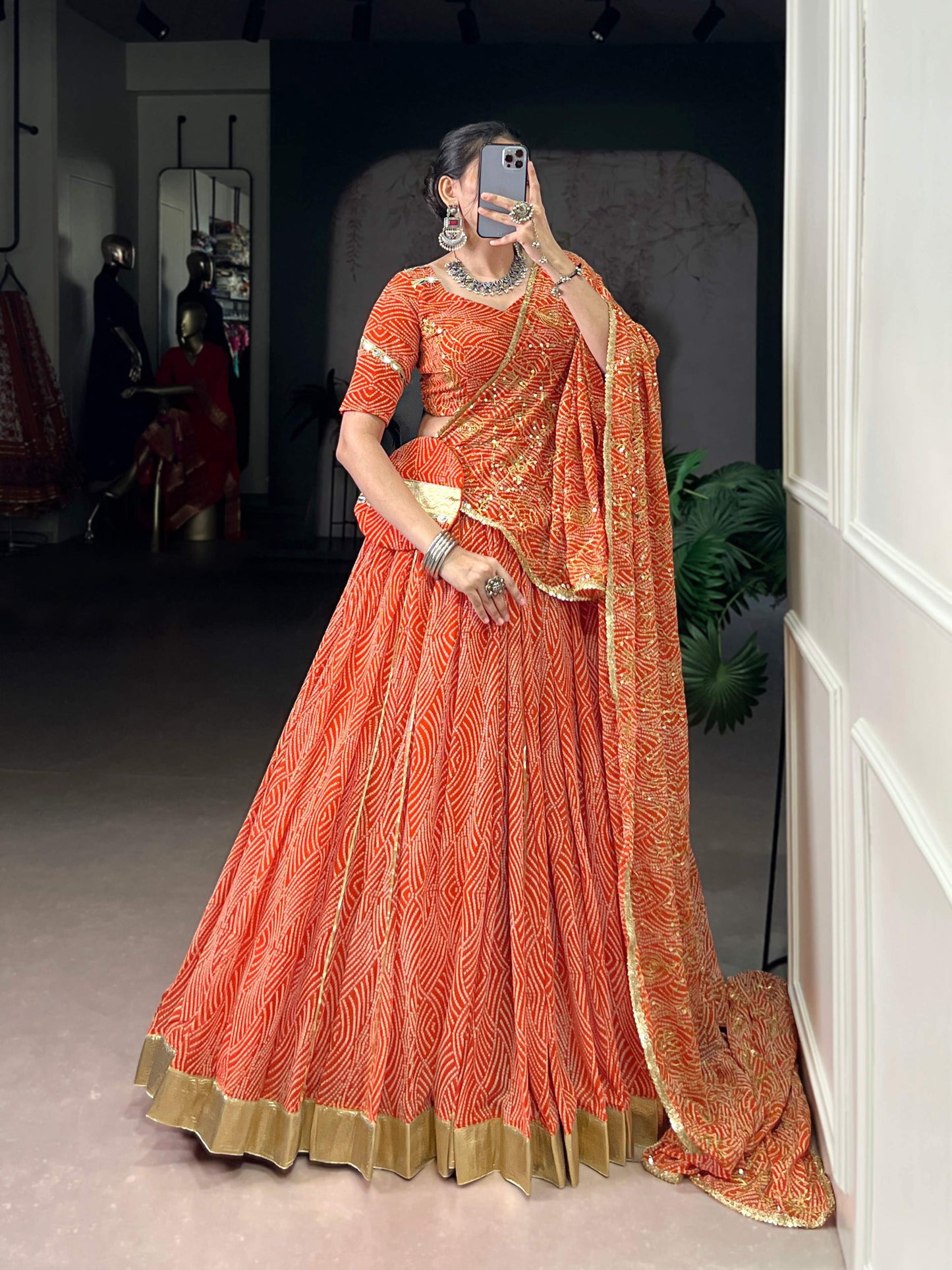 Lorenvalley Fashion Orange Georgette Bandhej Print and Embossed Design Lace with Gota Patti Touch Up Lehenga Choli with Dupatta - Swadesiicart