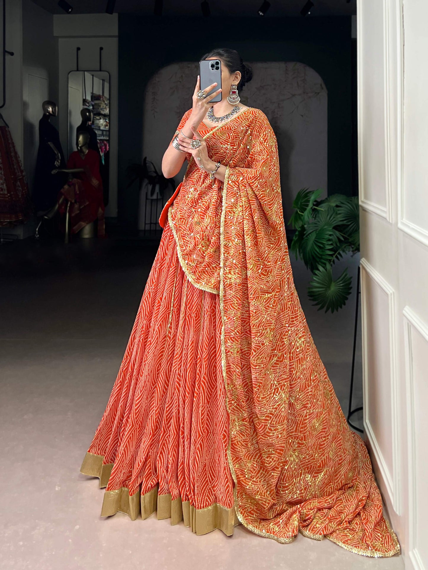 Lorenvalley Fashion Orange Georgette Bandhej Print and Embossed Design Lace with Gota Patti Touch Up Lehenga Choli with Dupatta - Swadesiicart