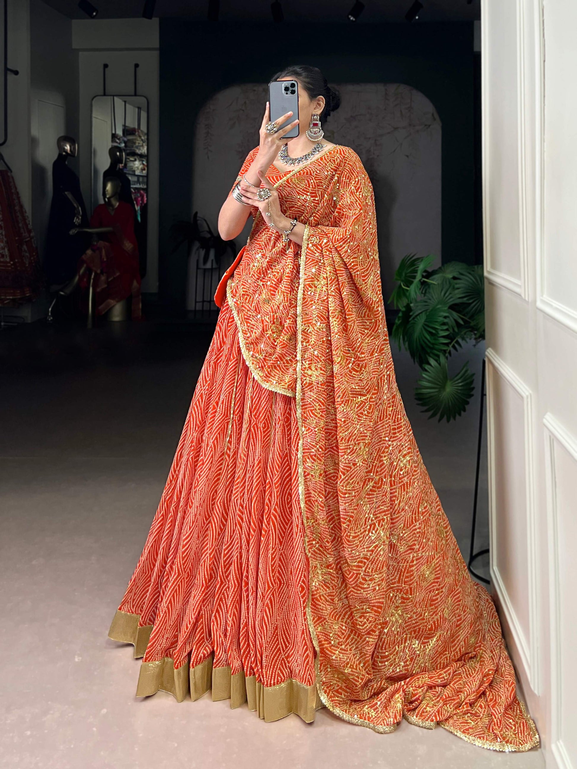 Lorenvalley Fashion Orange Georgette Bandhej Print and Embossed Design Lace with Gota Patti Touch Up Lehenga Choli with Dupatta - Swadesiicart