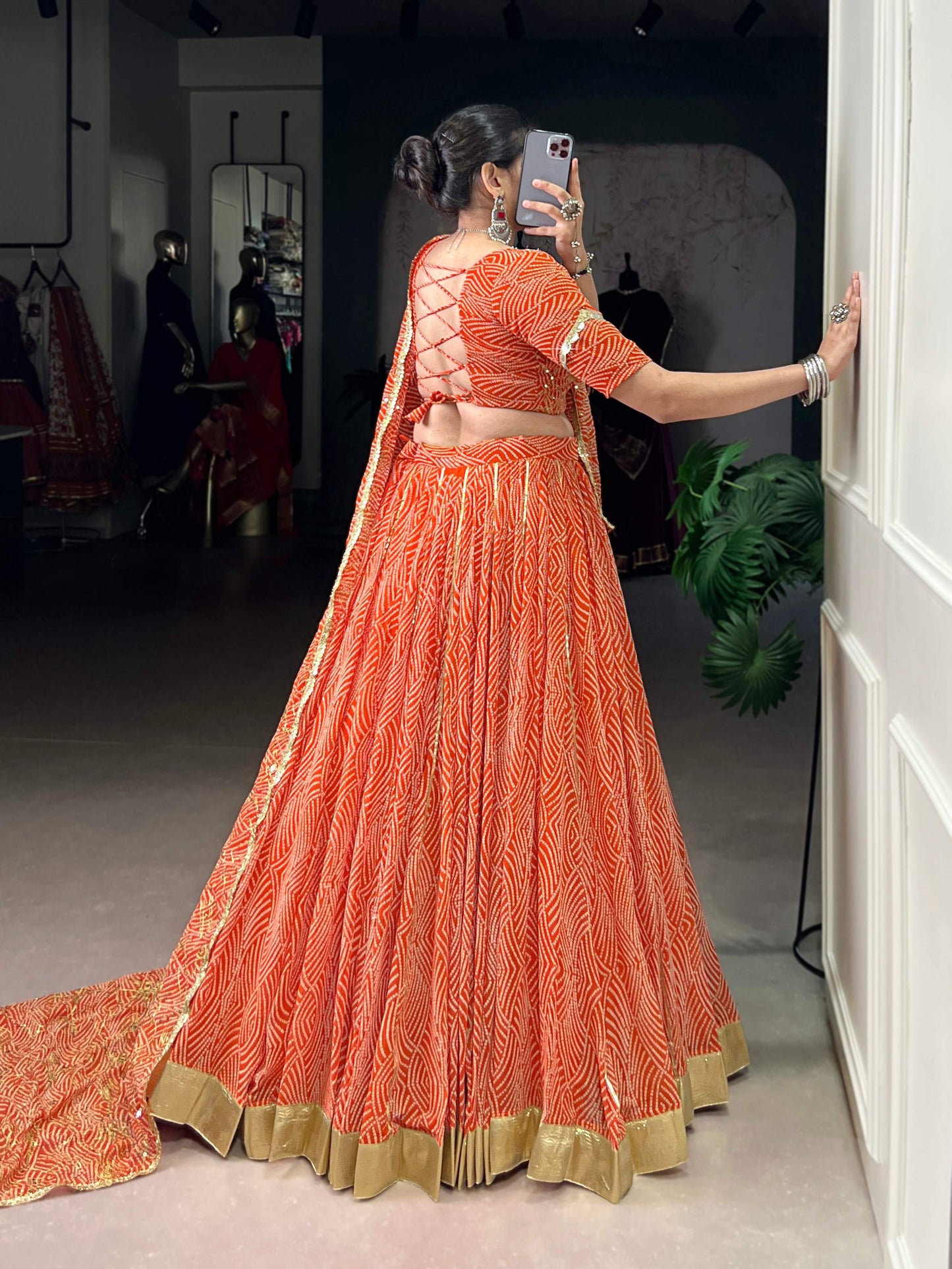Lorenvalley Fashion Orange Georgette Bandhej Print and Embossed Design Lace with Gota Patti Touch Up Lehenga Choli with Dupatta - Swadesiicart