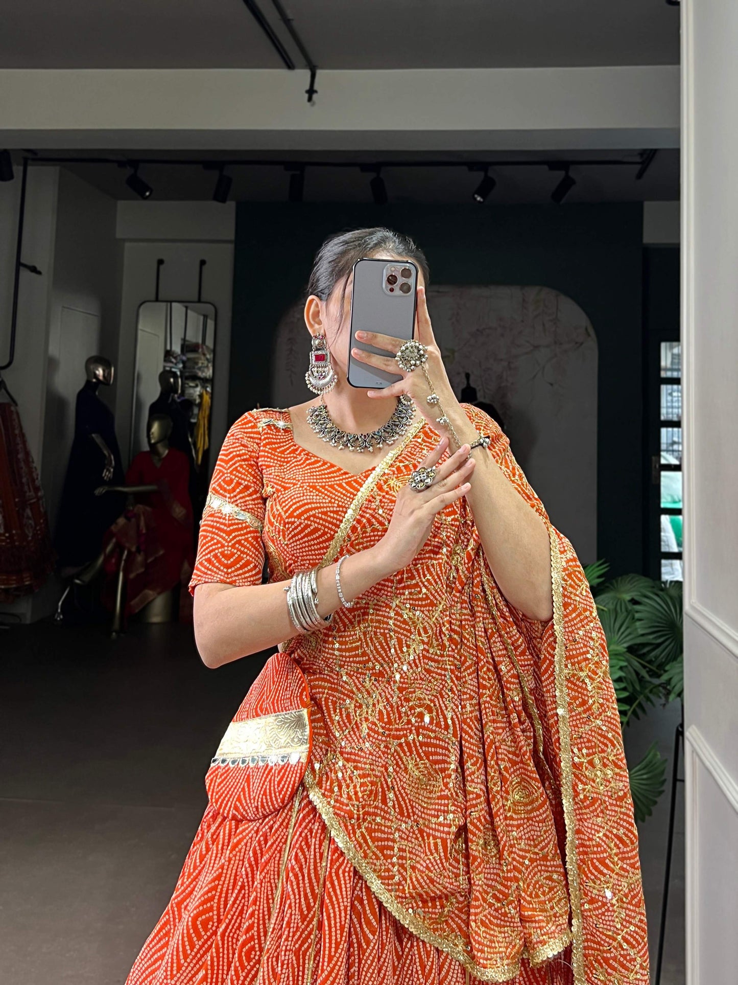Lorenvalley Fashion Orange Georgette Bandhej Print and Embossed Design Lace with Gota Patti Touch Up Lehenga Choli with Dupatta - Swadesiicart