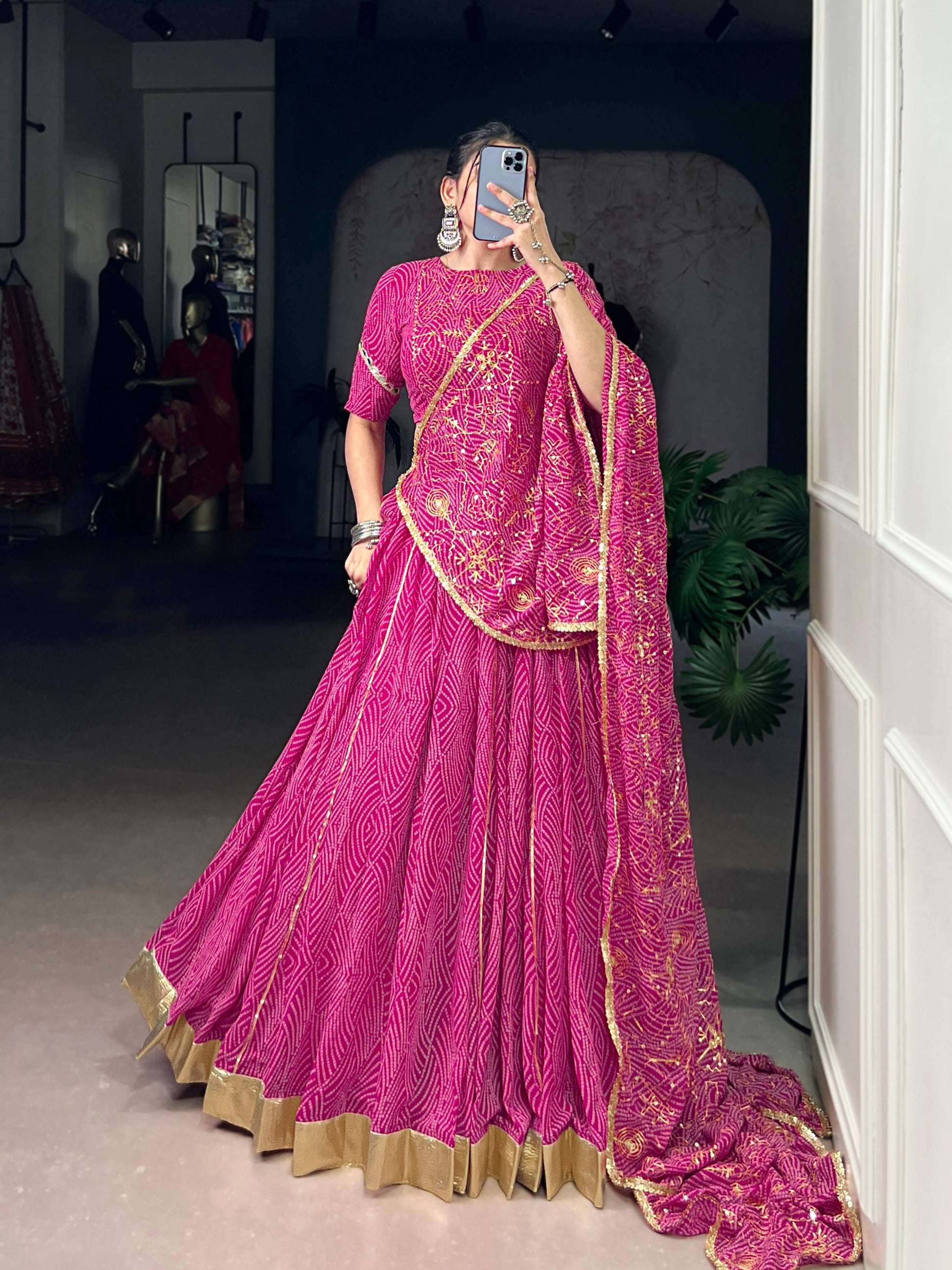 Lorenvalley Fashion Pink Georgette Bandhej Print and Embossed Design Lace with Gota Patti Touch Up Lehenga Choli with Dupatta - Swadesiicart