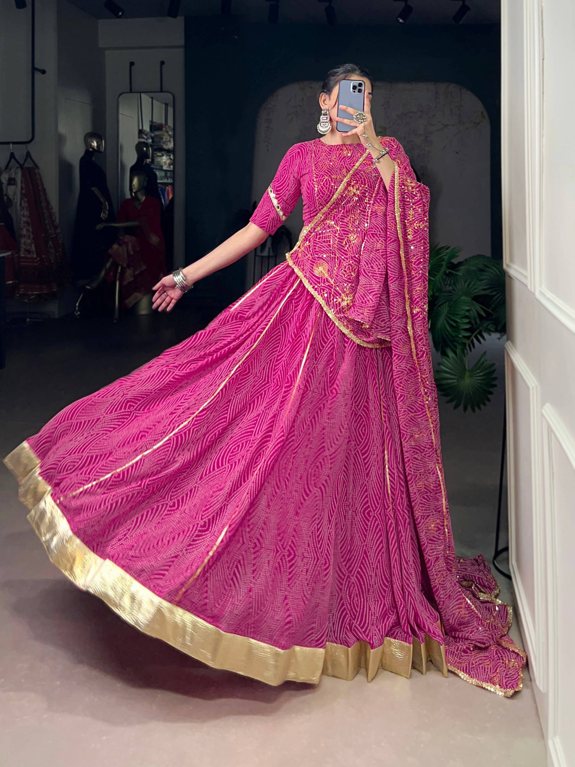 Lorenvalley Fashion Pink Georgette Bandhej Print and Embossed Design Lace with Gota Patti Touch Up Lehenga Choli with Dupatta - Swadesiicart