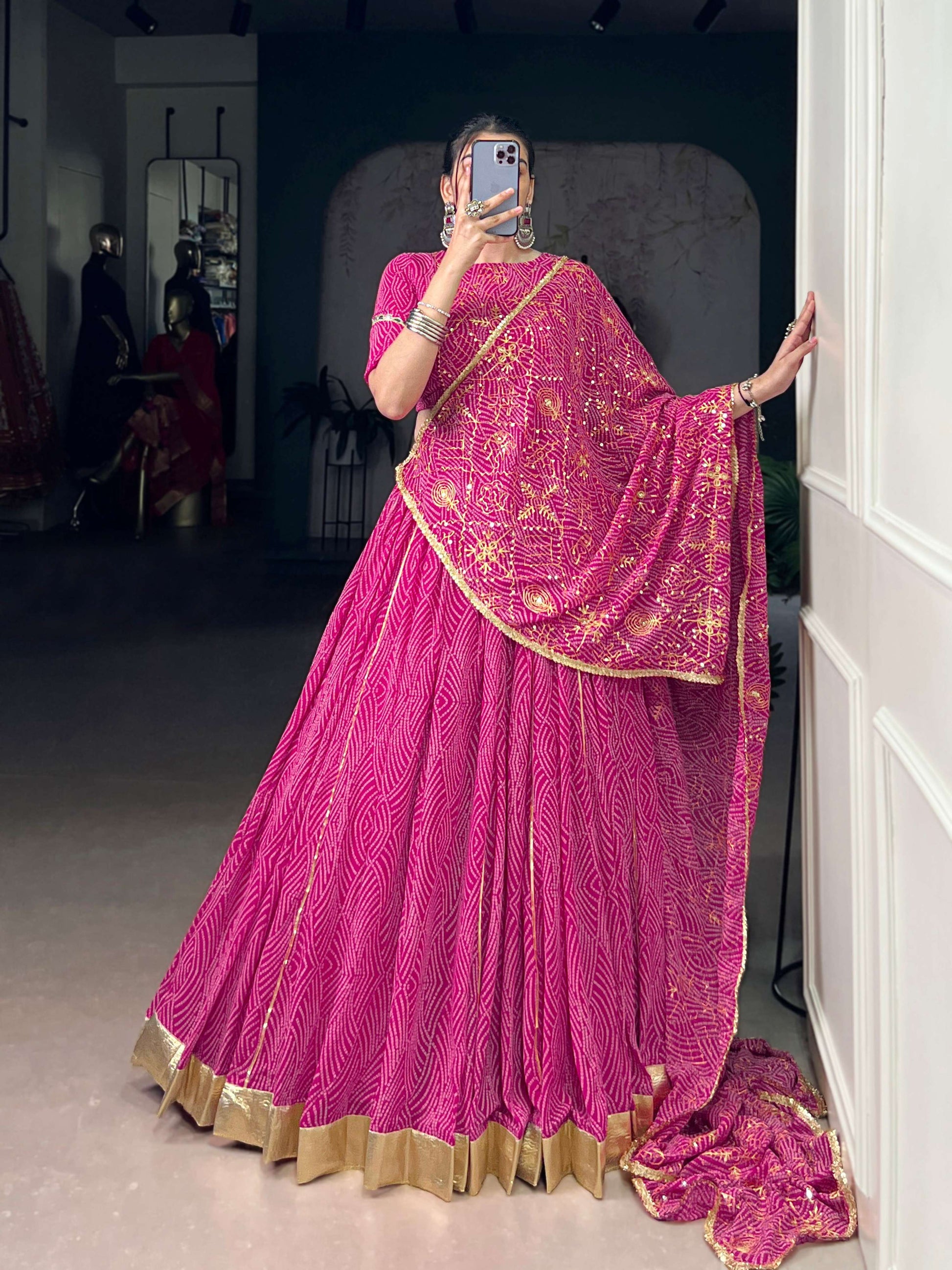 Lorenvalley Fashion Pink Georgette Bandhej Print and Embossed Design Lace with Gota Patti Touch Up Lehenga Choli with Dupatta - Swadesiicart