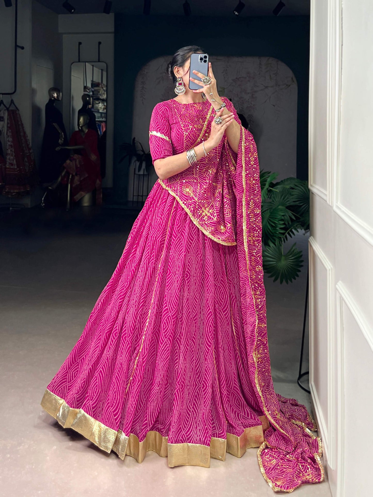 Lorenvalley Fashion Pink Georgette Bandhej Print and Embossed Design Lace with Gota Patti Touch Up Lehenga Choli with Dupatta - Swadesiicart