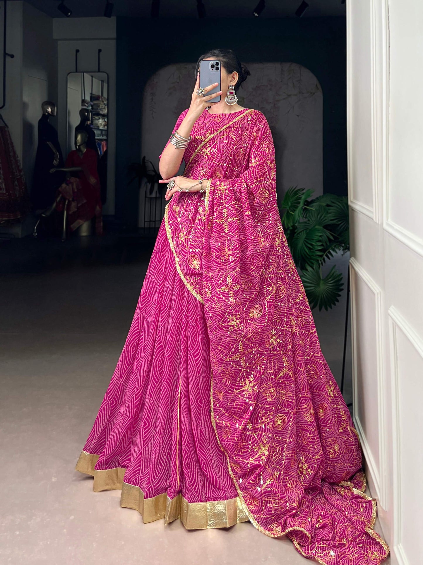 Lorenvalley Fashion Pink Georgette Bandhej Print and Embossed Design Lace with Gota Patti Touch Up Lehenga Choli with Dupatta - Swadesiicart