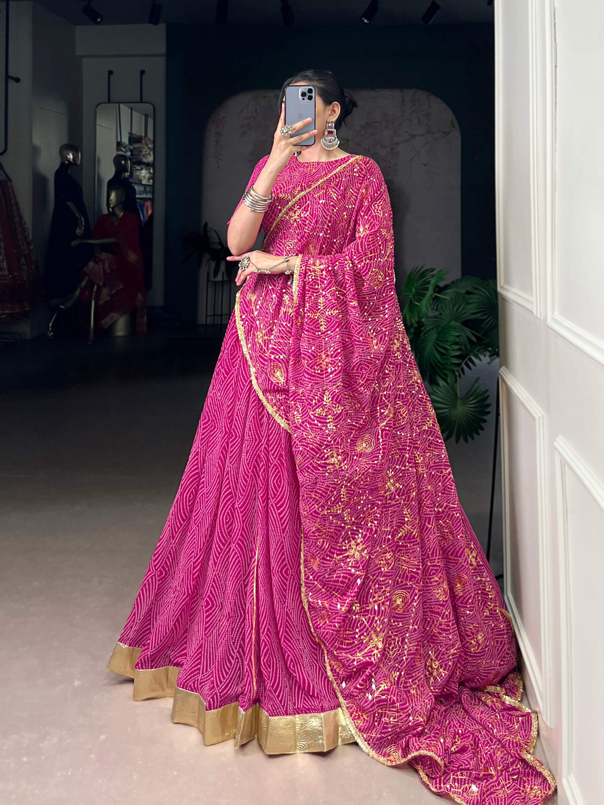 Lorenvalley Fashion Pink Georgette Bandhej Print and Embossed Design Lace with Gota Patti Touch Up Lehenga Choli with Dupatta - Swadesiicart