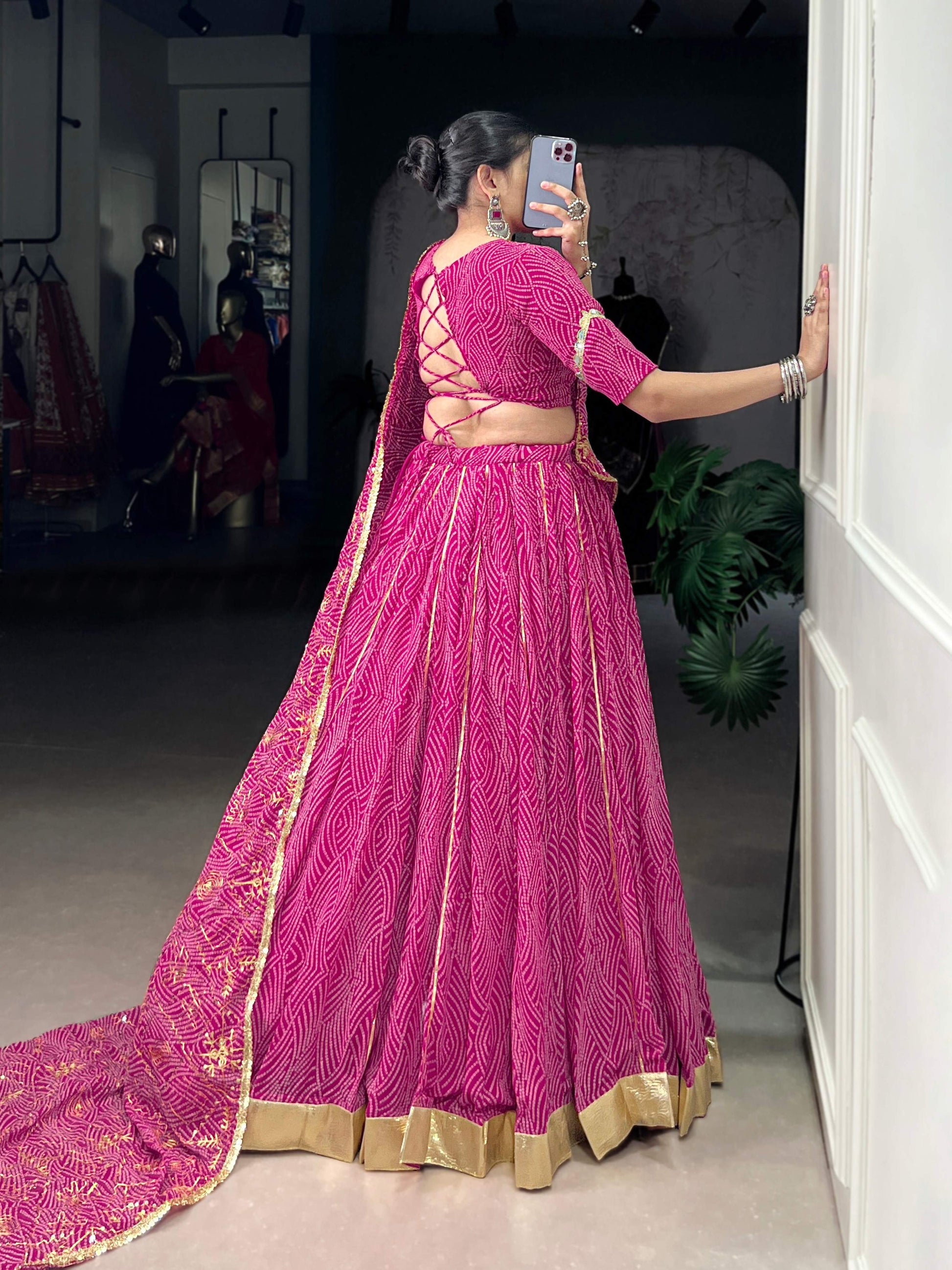 Lorenvalley Fashion Pink Georgette Bandhej Print and Embossed Design Lace with Gota Patti Touch Up Lehenga Choli with Dupatta - Swadesiicart