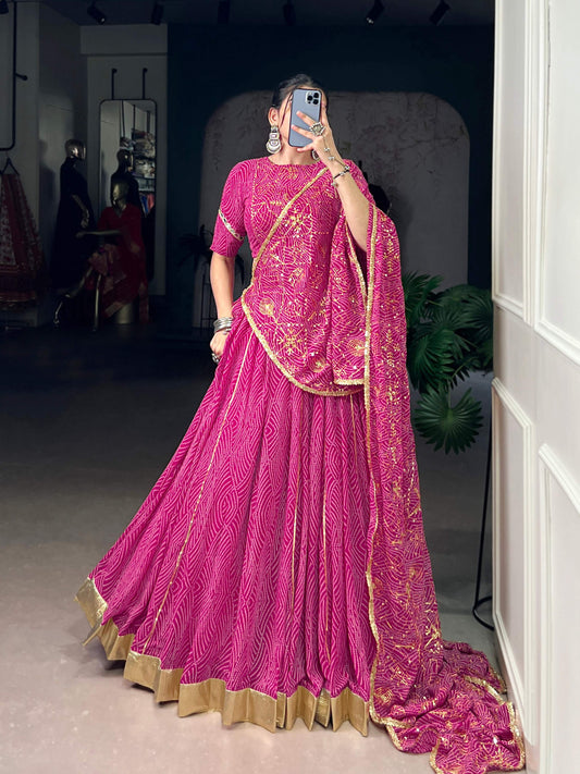 Lorenvalley Fashion Pink Georgette Bandhej Print and Embossed Design Lace with Gota Patti Touch Up Lehenga Choli with Dupatta - Swadesiicart