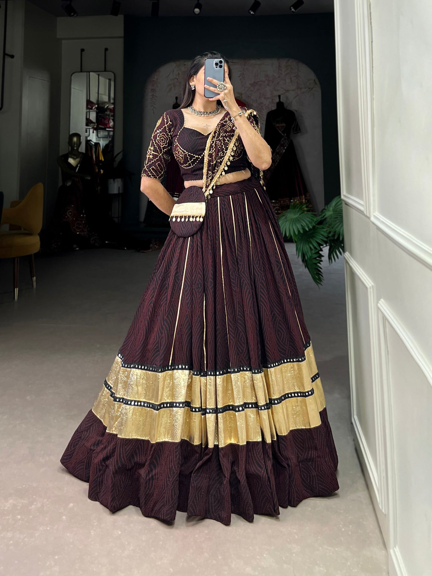 Lorenvalley Fashion Black and Maroon Georgette Bandhej Print And Embossed Design Lace With Paper Mirror Lace And Gota Patti Touch Up Lehenga Choli with Dupatta | Swadesiicart