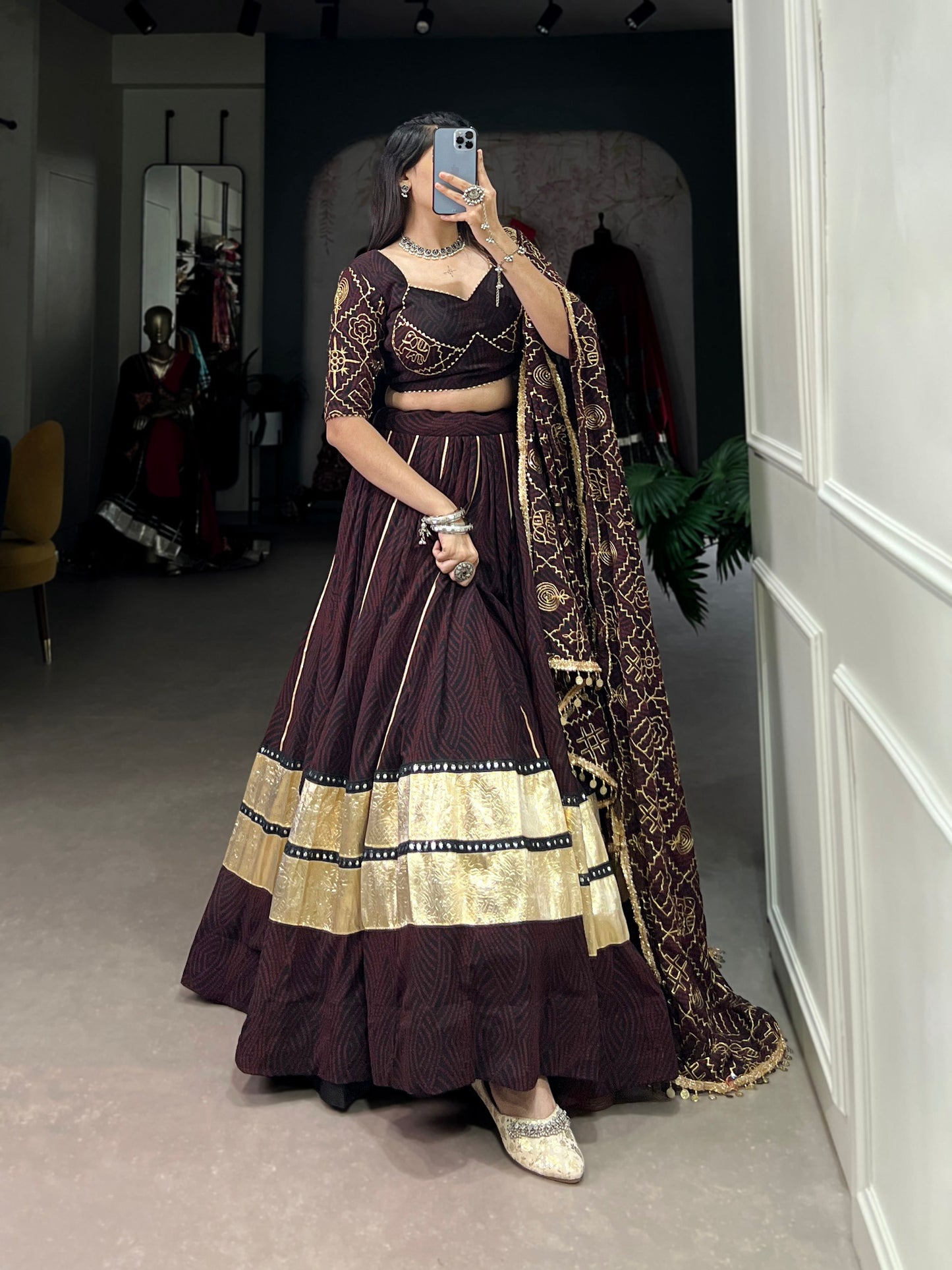 Lorenvalley Fashion Black and Maroon Georgette Bandhej Print And Embossed Design Lace With Paper Mirror Lace And Gota Patti Touch Up Lehenga Choli with Dupatta | Swadesiicart