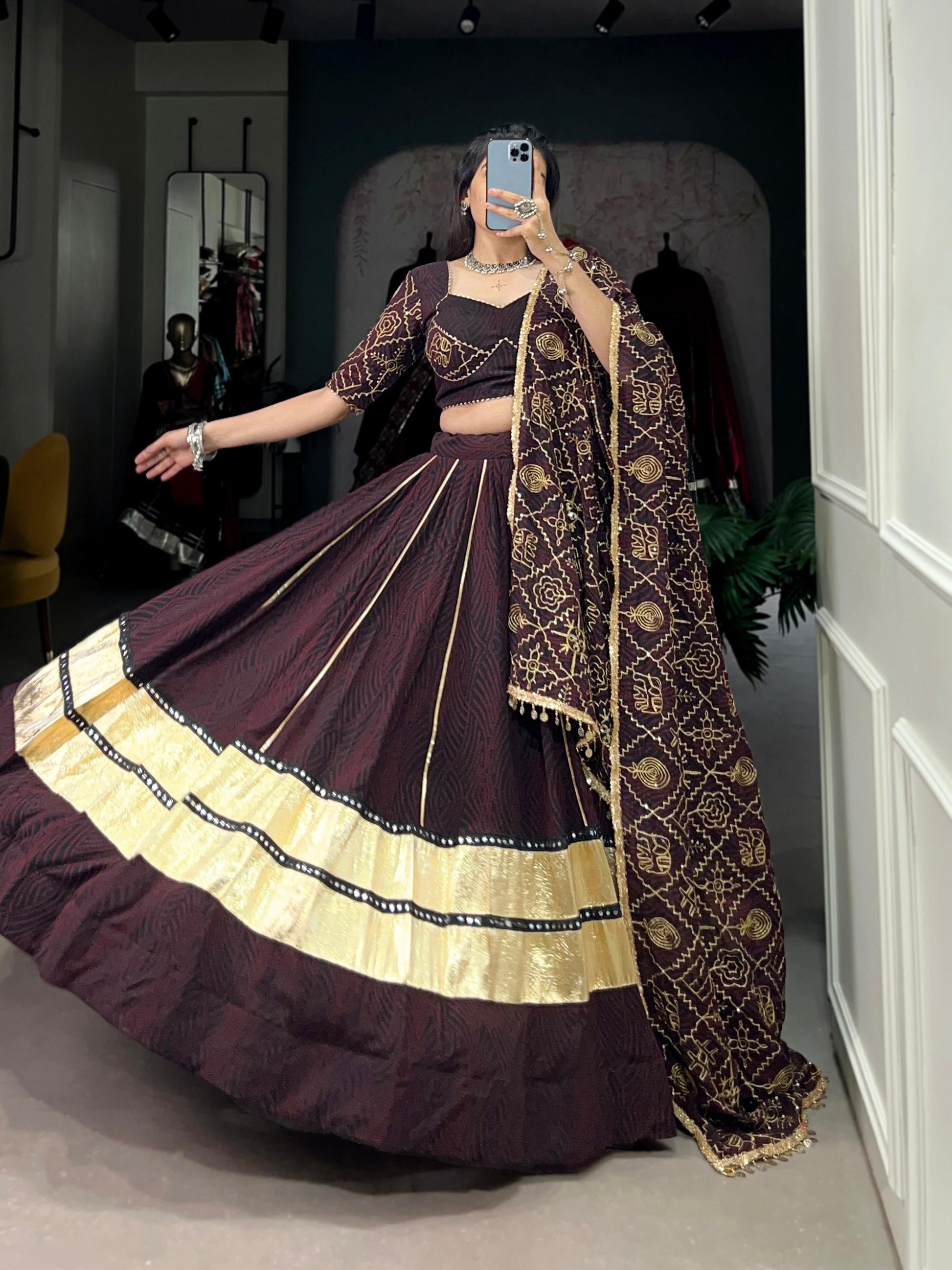 Lorenvalley Fashion Black and Maroon Georgette Bandhej Print And Embossed Design Lace With Paper Mirror Lace And Gota Patti Touch Up Lehenga Choli with Dupatta | Swadesiicart