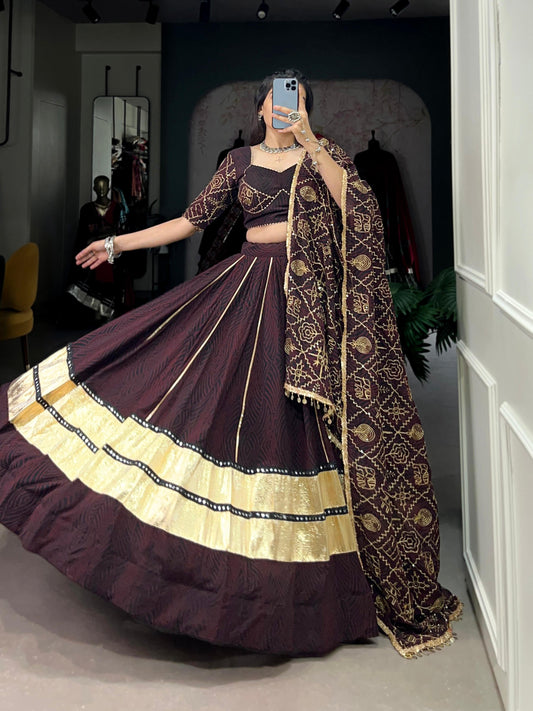 Lorenvalley Fashion Black and Maroon Georgette Bandhej Print And Embossed Design Lace With Paper Mirror Lace And Gota Patti Touch Up Lehenga Choli with Dupatta | Swadesiicart