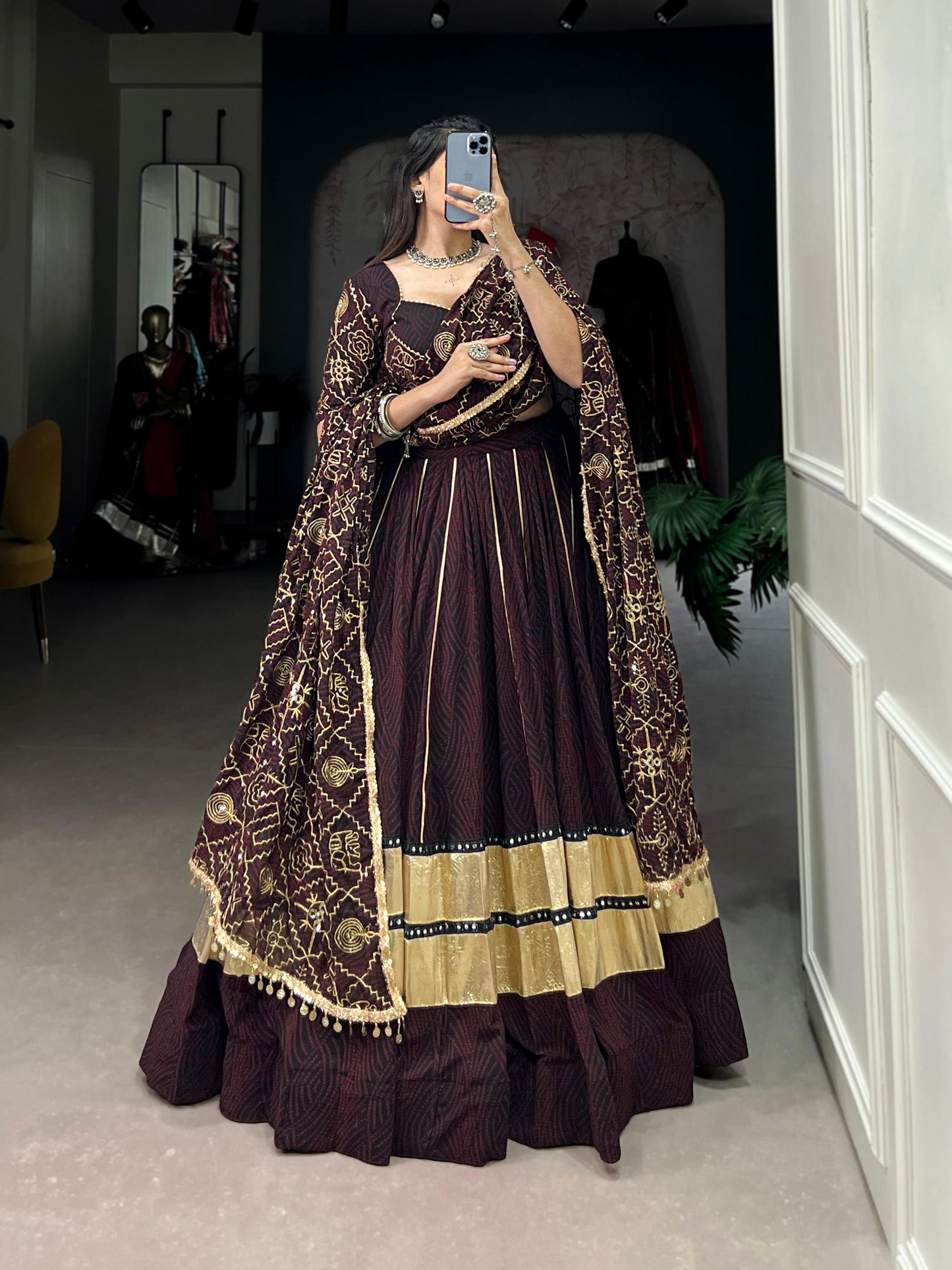 Lorenvalley Fashion Black and Maroon Georgette Bandhej Print And Embossed Design Lace With Paper Mirror Lace And Gota Patti Touch Up Lehenga Choli with Dupatta | Swadesiicart