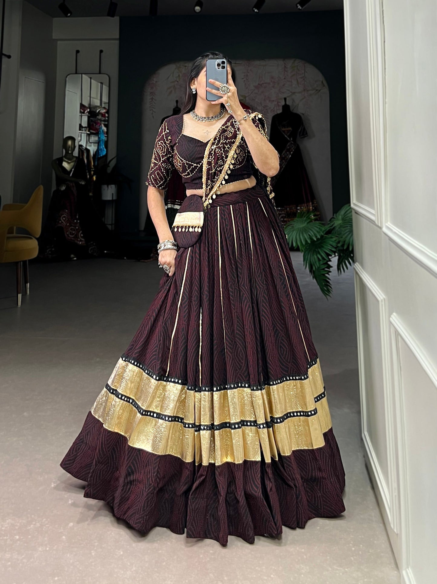 Lorenvalley Fashion Black and Maroon Georgette Bandhej Print And Embossed Design Lace With Paper Mirror Lace And Gota Patti Touch Up Lehenga Choli with Dupatta | Swadesiicart